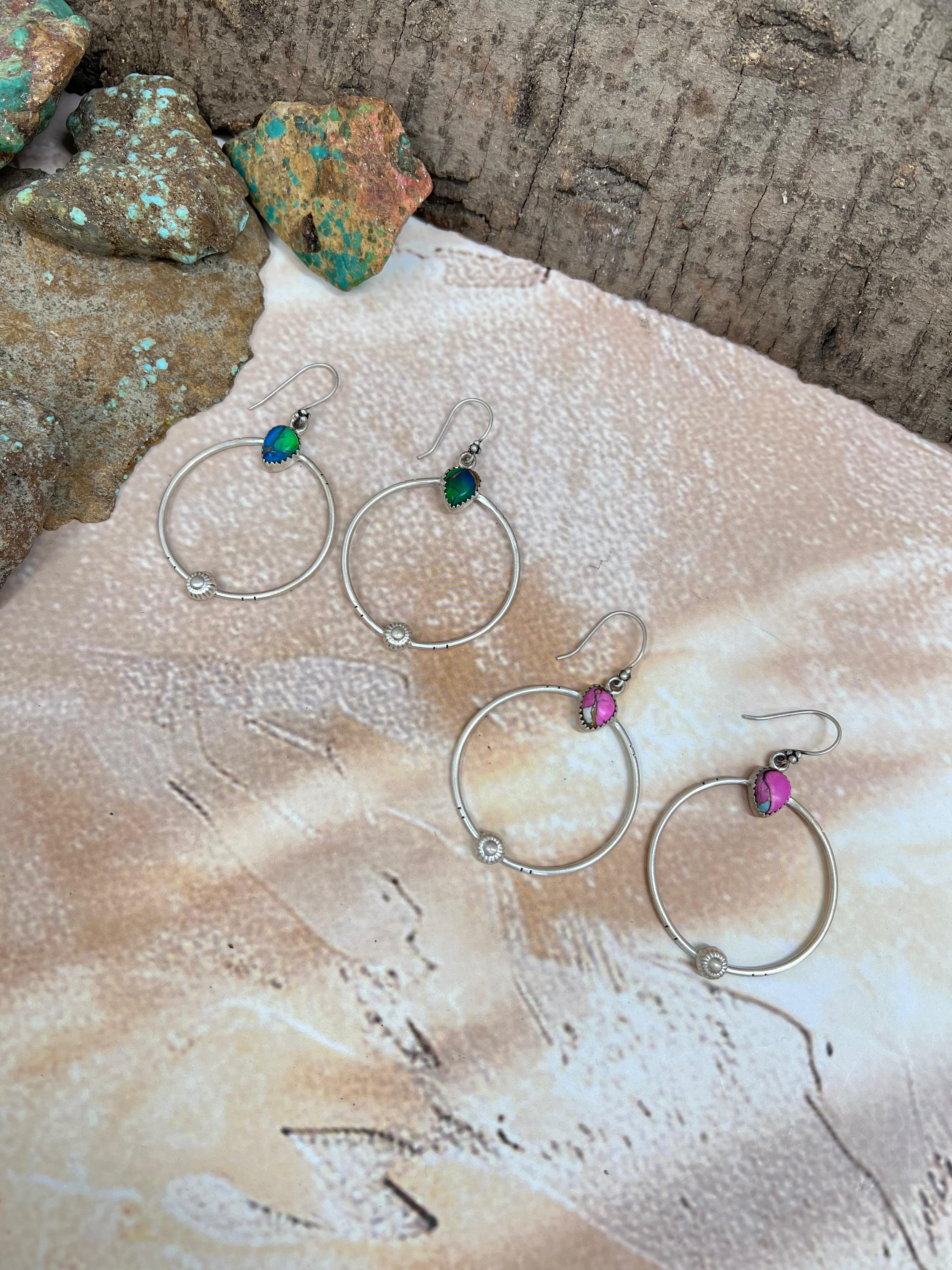 Handmade Sterling Silver Peacock Dahlia, Cotton Candy Turquoise Hook Earrings with Signed Nizhoni