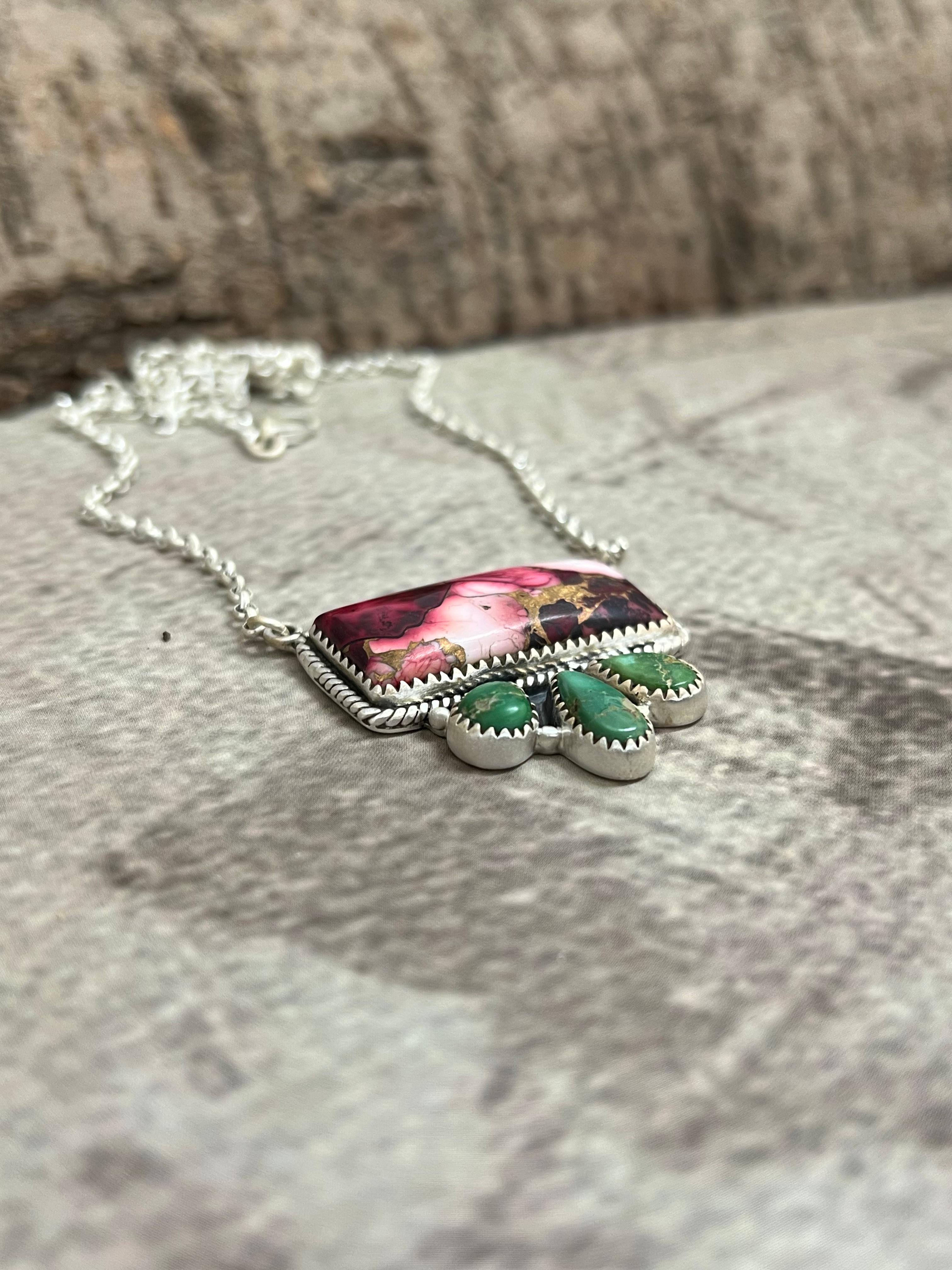 Handmade Sterling Silver Emerald Valley with Dahlia Rose Necklace, Signed Nizhoni