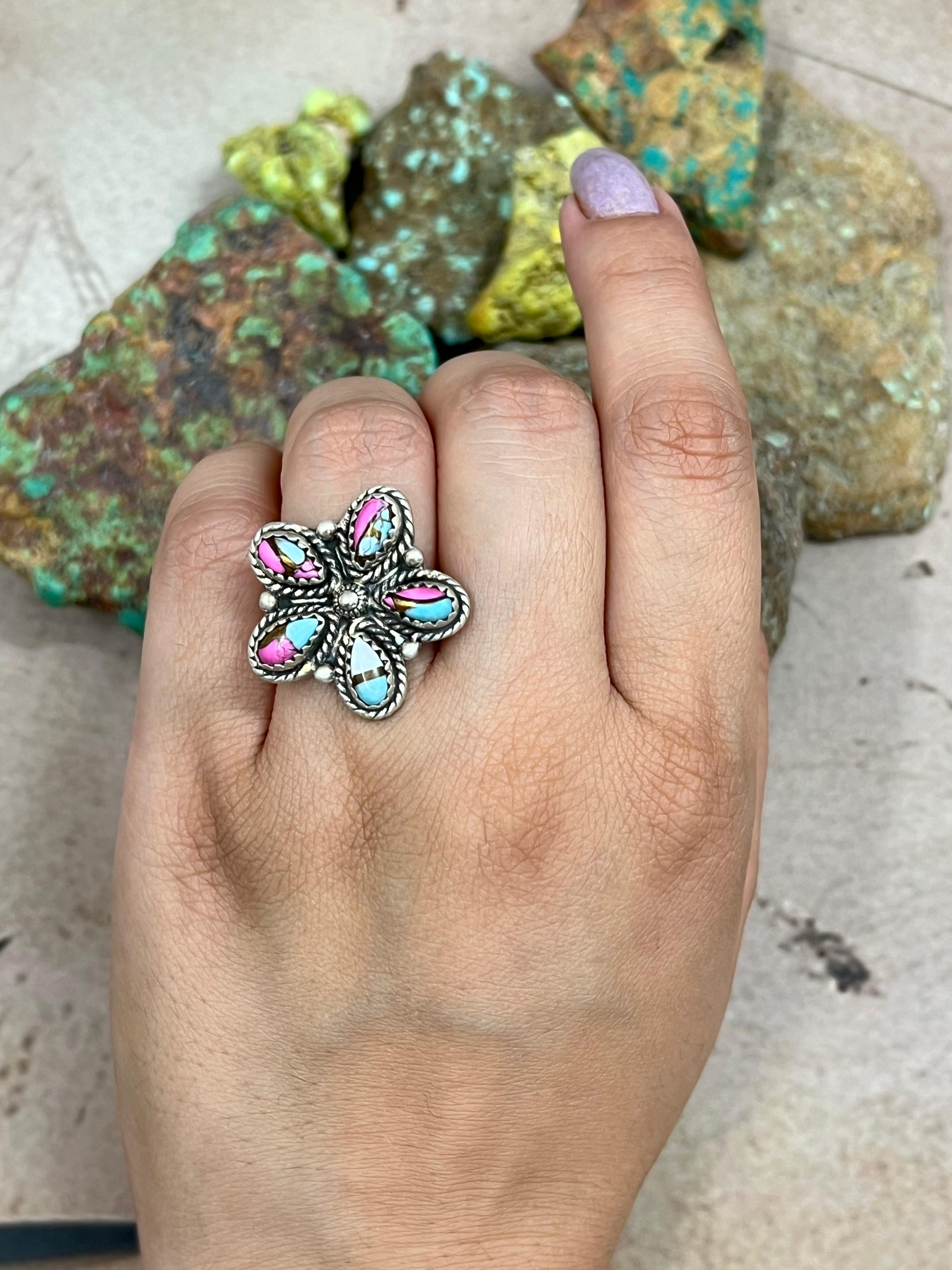 Handmade Sterling Silver Cotton Candy Turquoise Adjustable Ring with Signed Nizhoni