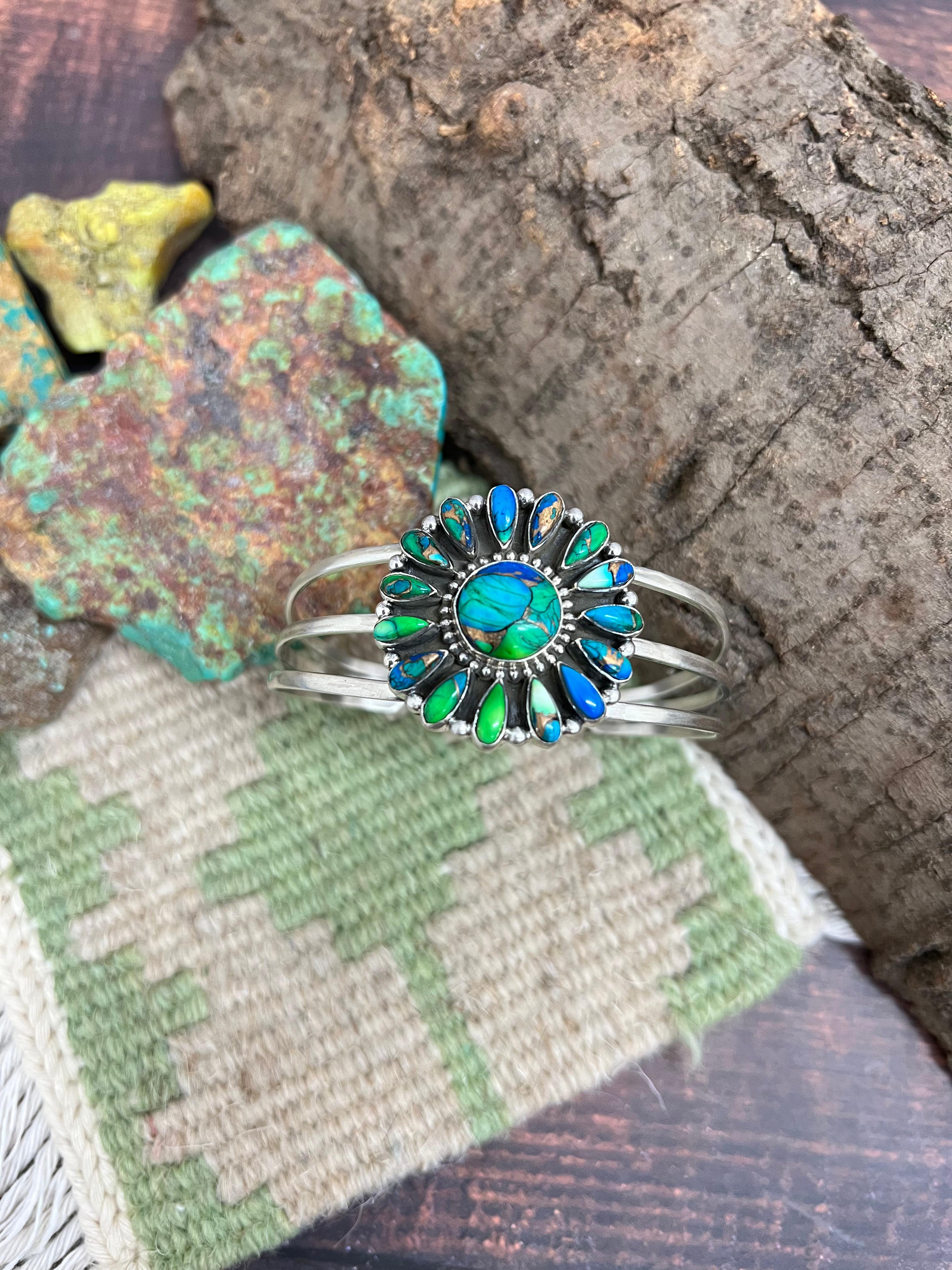 Handmade Sterling Silver Peacock Dahlia Cuff Bracelet with Signed Nizhoni