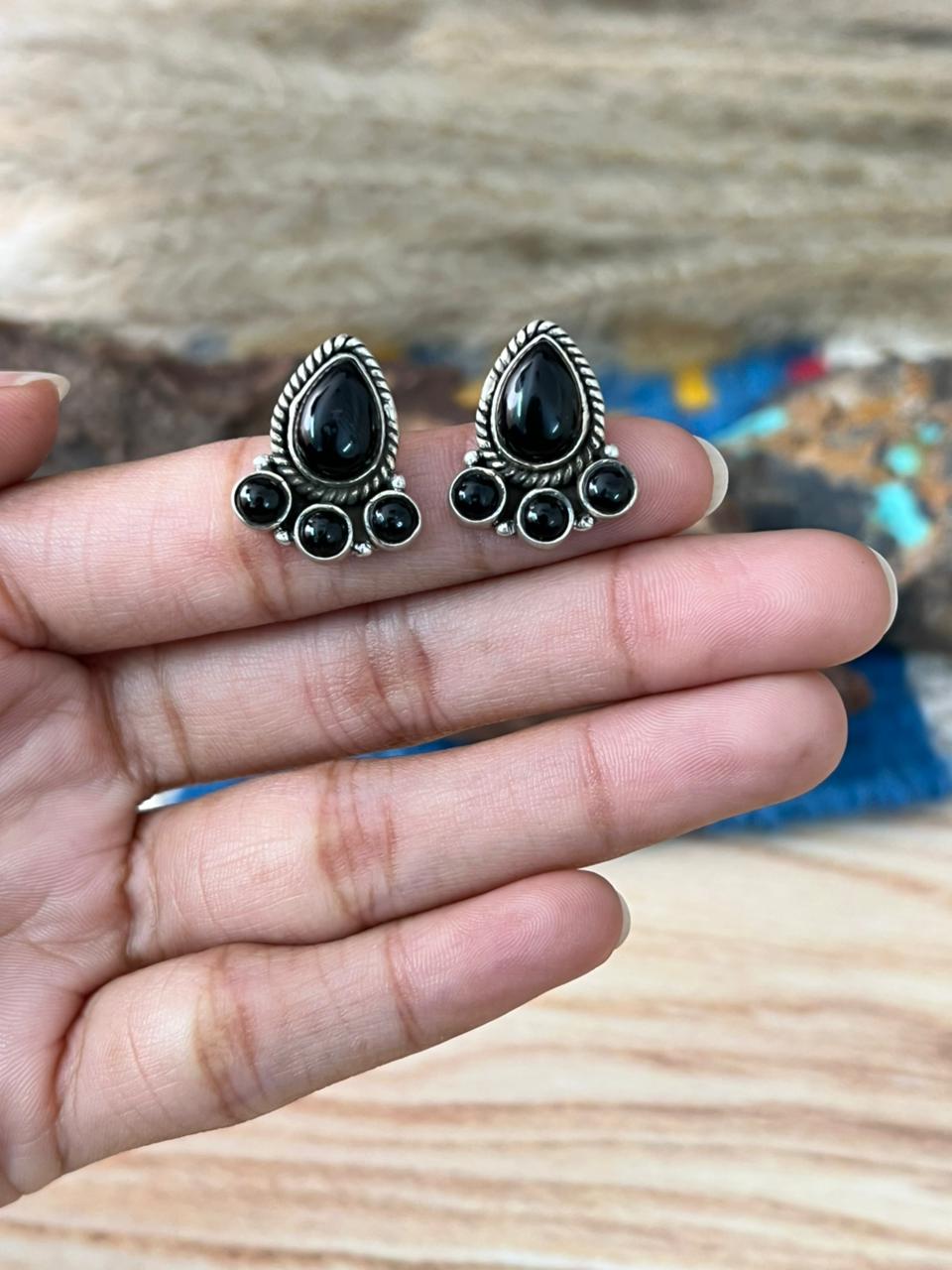 Handmade Sterling Silver Black Onyx Post Studs Earrings "Signed Nizhoni"