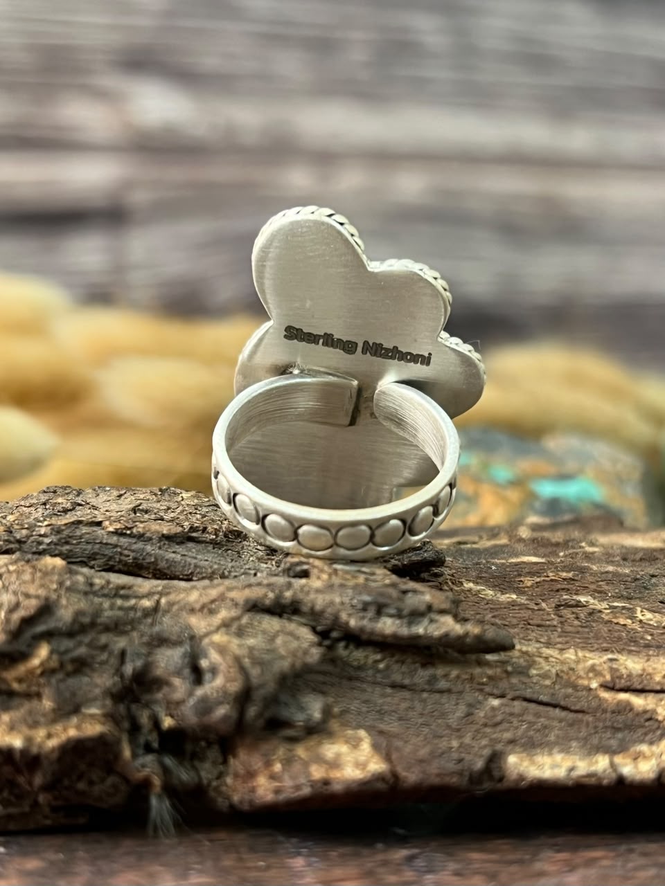 Handmade Sterling Silver Paloma with Golden Hills Turquoise Adjustable Ring Signed Nizhoni