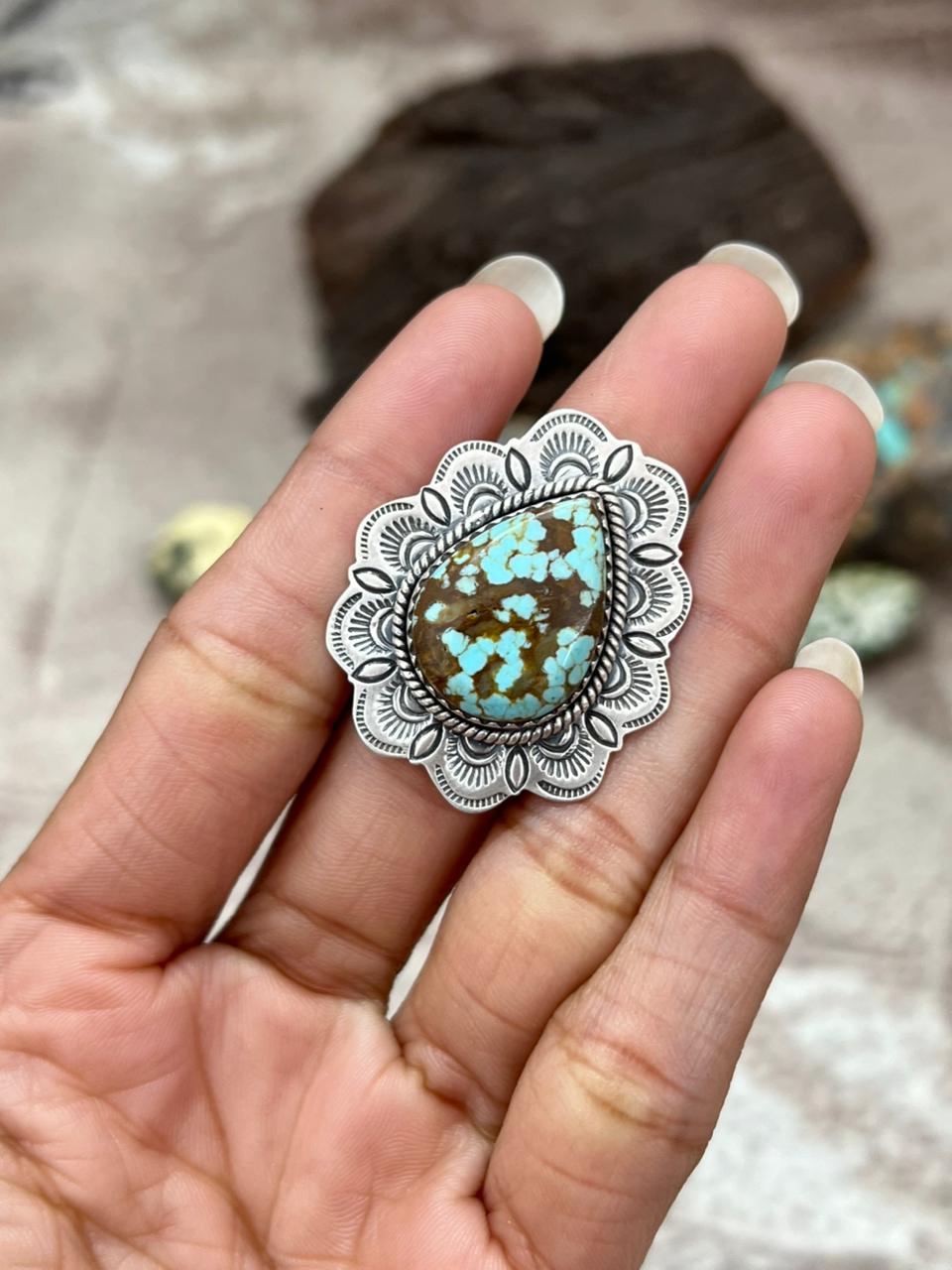 Handmade Sterling Silver Number 8 Turquoise Adjustable Ring "Signed Nizhoni"