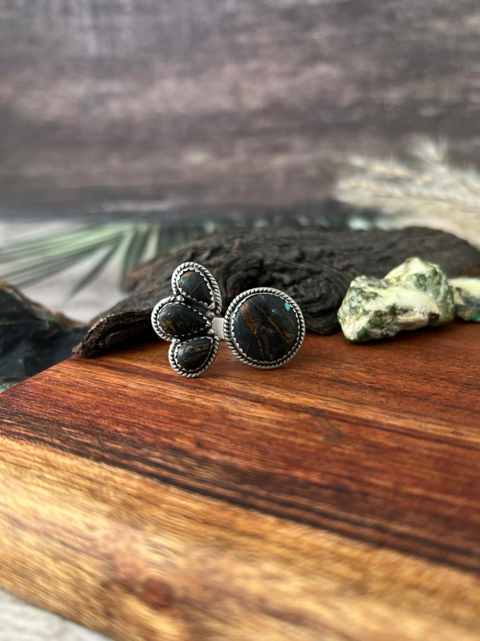 Handmade Sterling Silver Blackjack Turquoise Adjustable Ring "Signed Nizhoni"