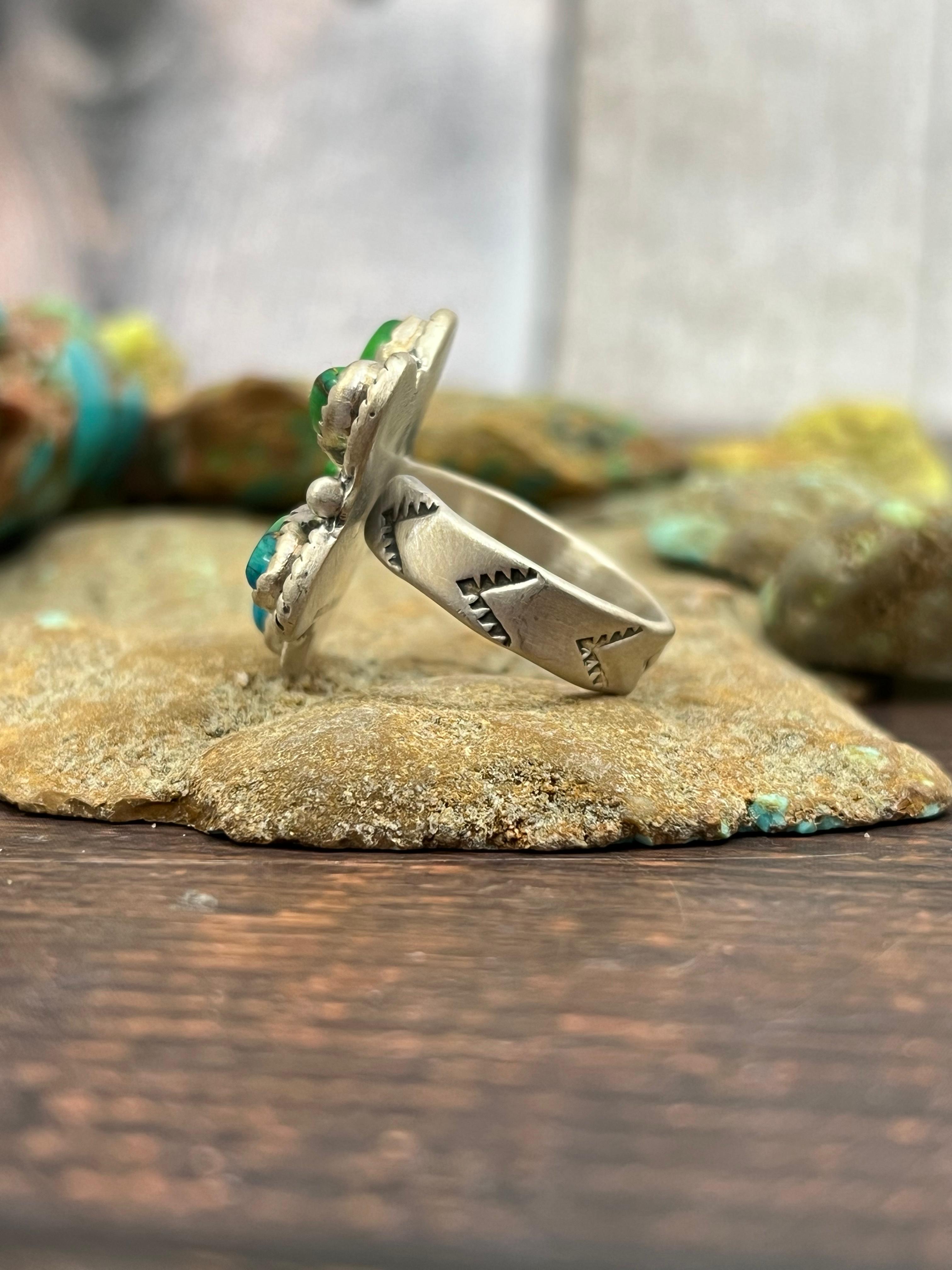 Handmade Sterling Silver Peacock Dahlia Adjustable Ring with Signed Nizhoni