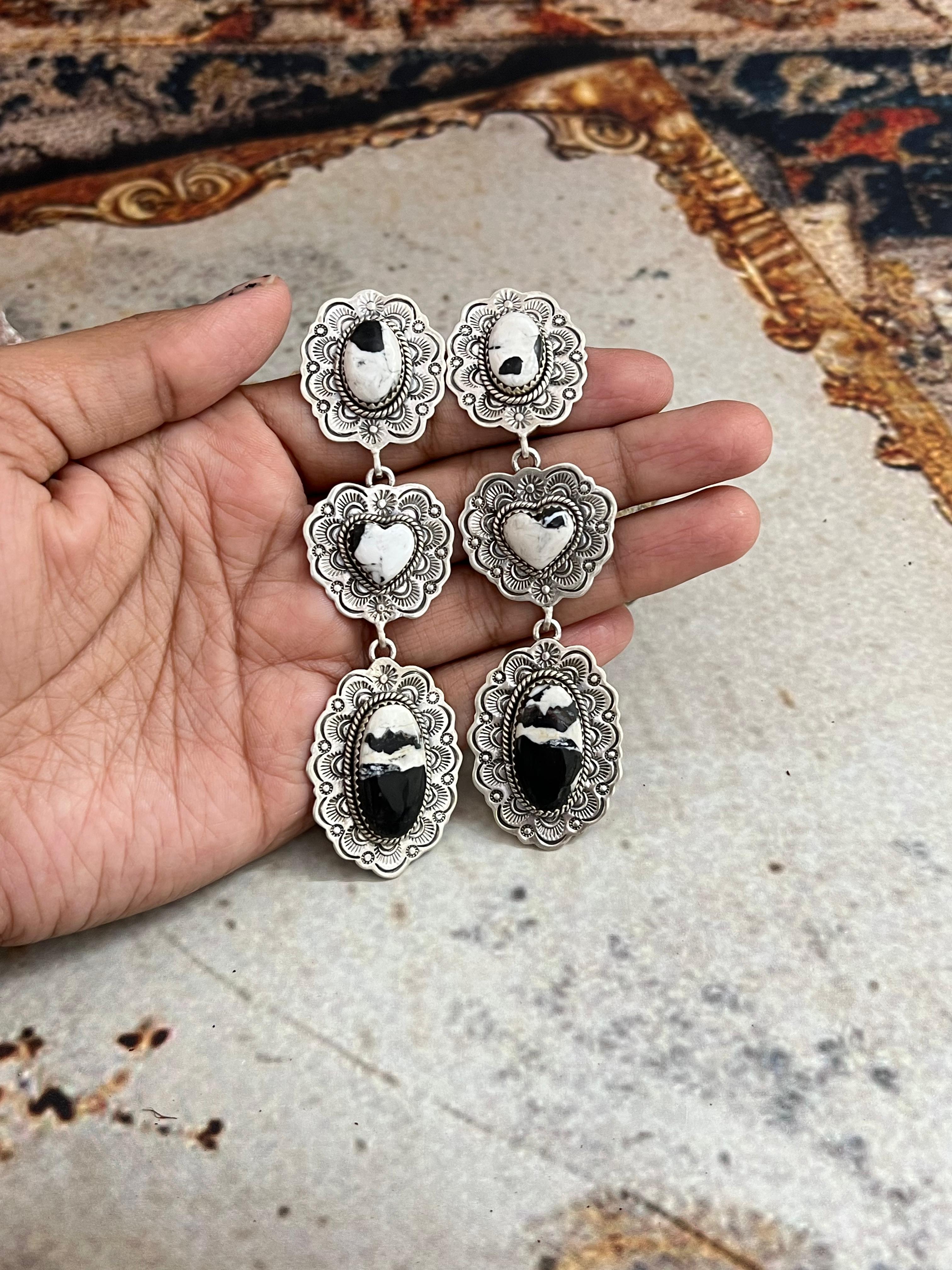 Handmade Sterling Silver White Buffalo Post Dangle Earrings with Signed Nizhoni