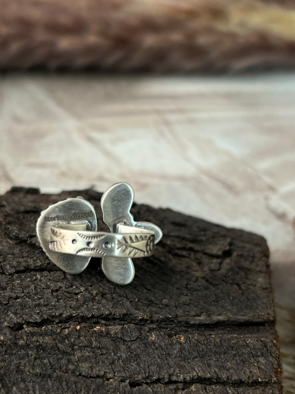 Handmade Sterling Silver Sonoran Mountain Turquoise with Bumblebee and White Buffalo Spring Collection: Adjustable Ring Signed Nizhoni