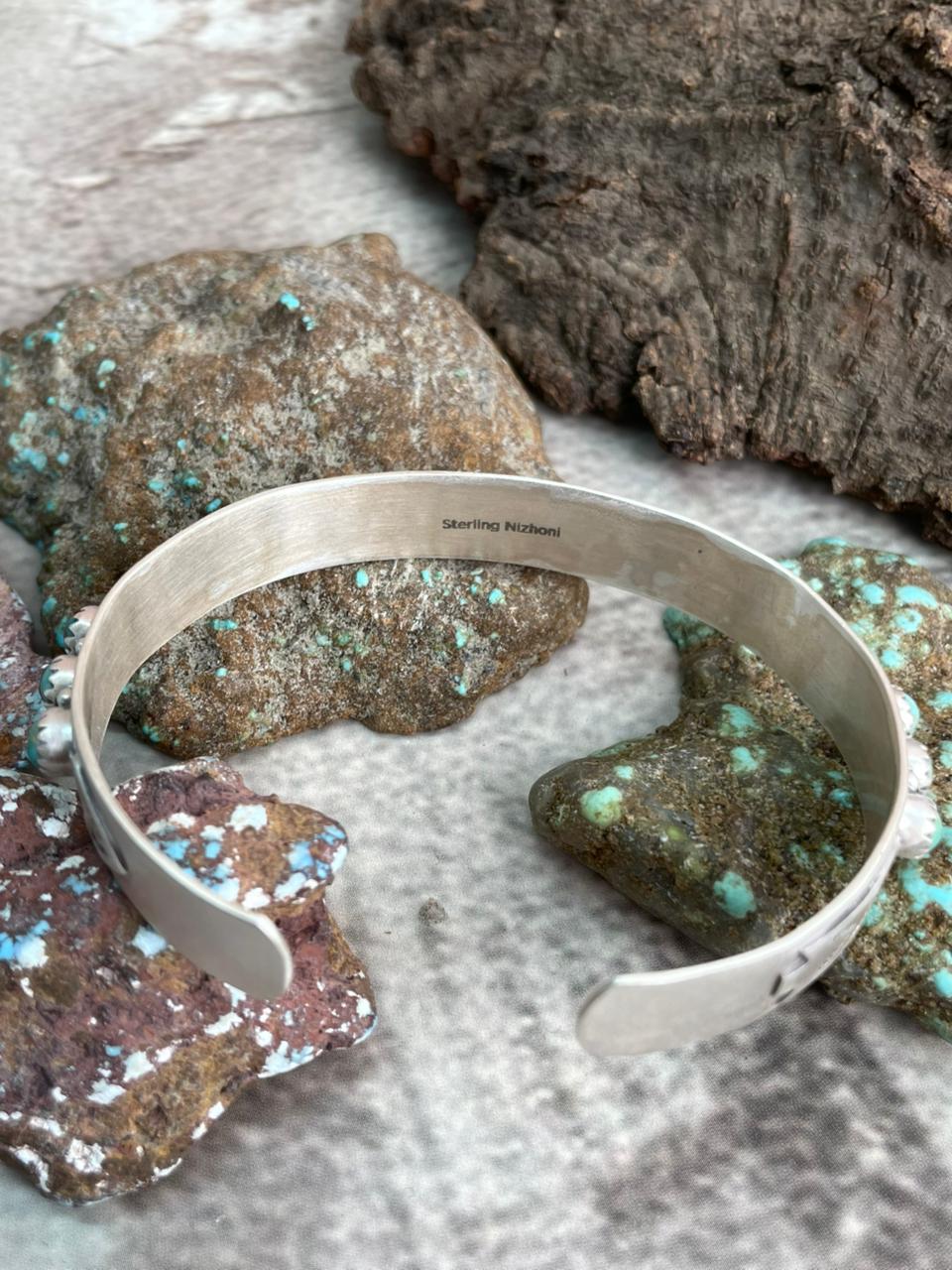 Handmade Sterling Silver Kingman Turquoise Cuff Bracelet with Signed Nizhoni
