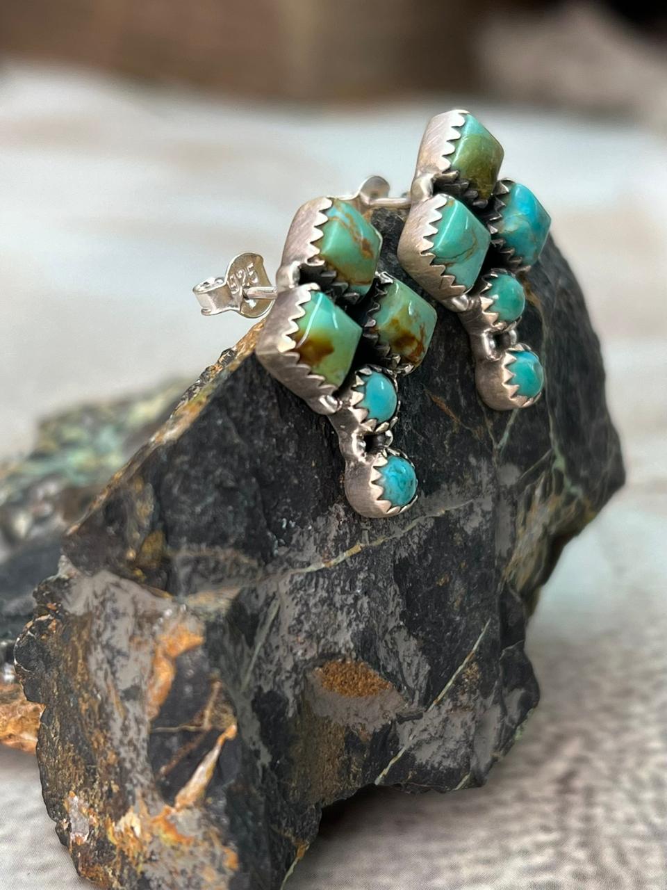 Handmade Sterling Silver Kingman Turquoise Post Studs Earrings "Signed Nizhoni"