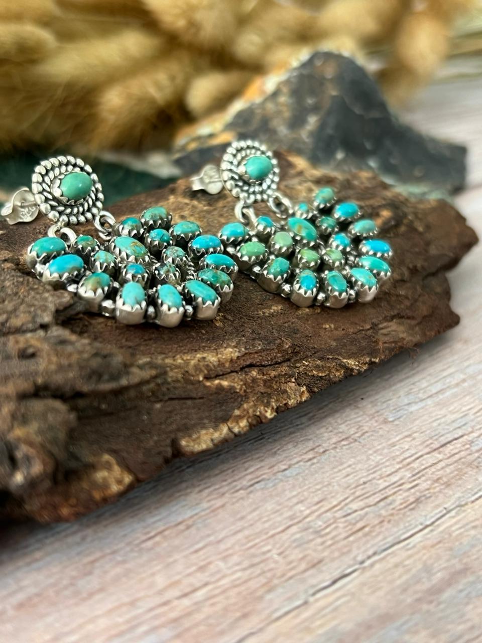Handmade Sterling Silver Kingman Turquoise Post Dangle Earrings "Signed Nizhoni"