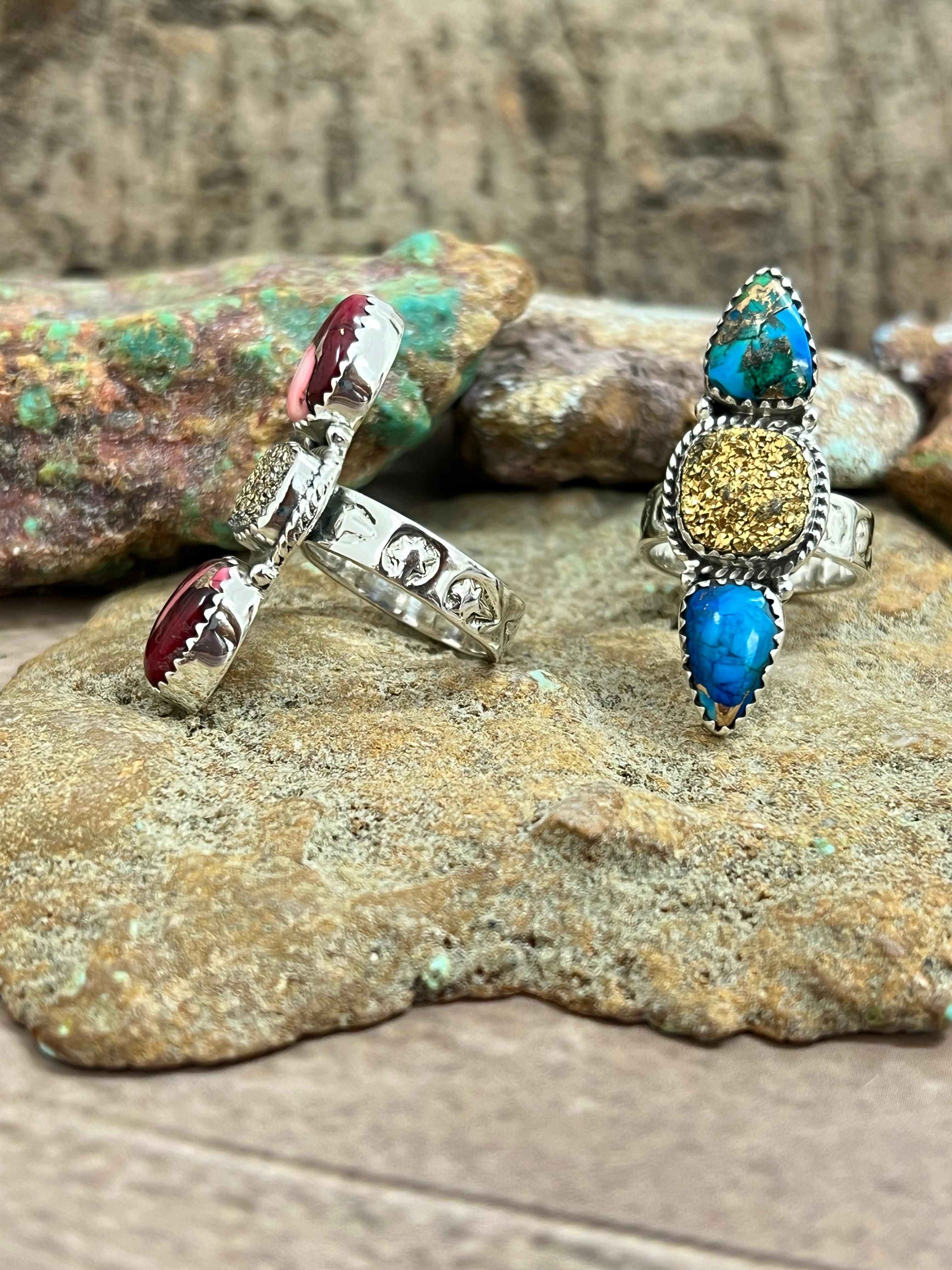 Handmade Sterling Silver Dahlia Rose with Druzy, Peacock Dahlia with Druzy Adjustable Ring, Signed Nizhoni