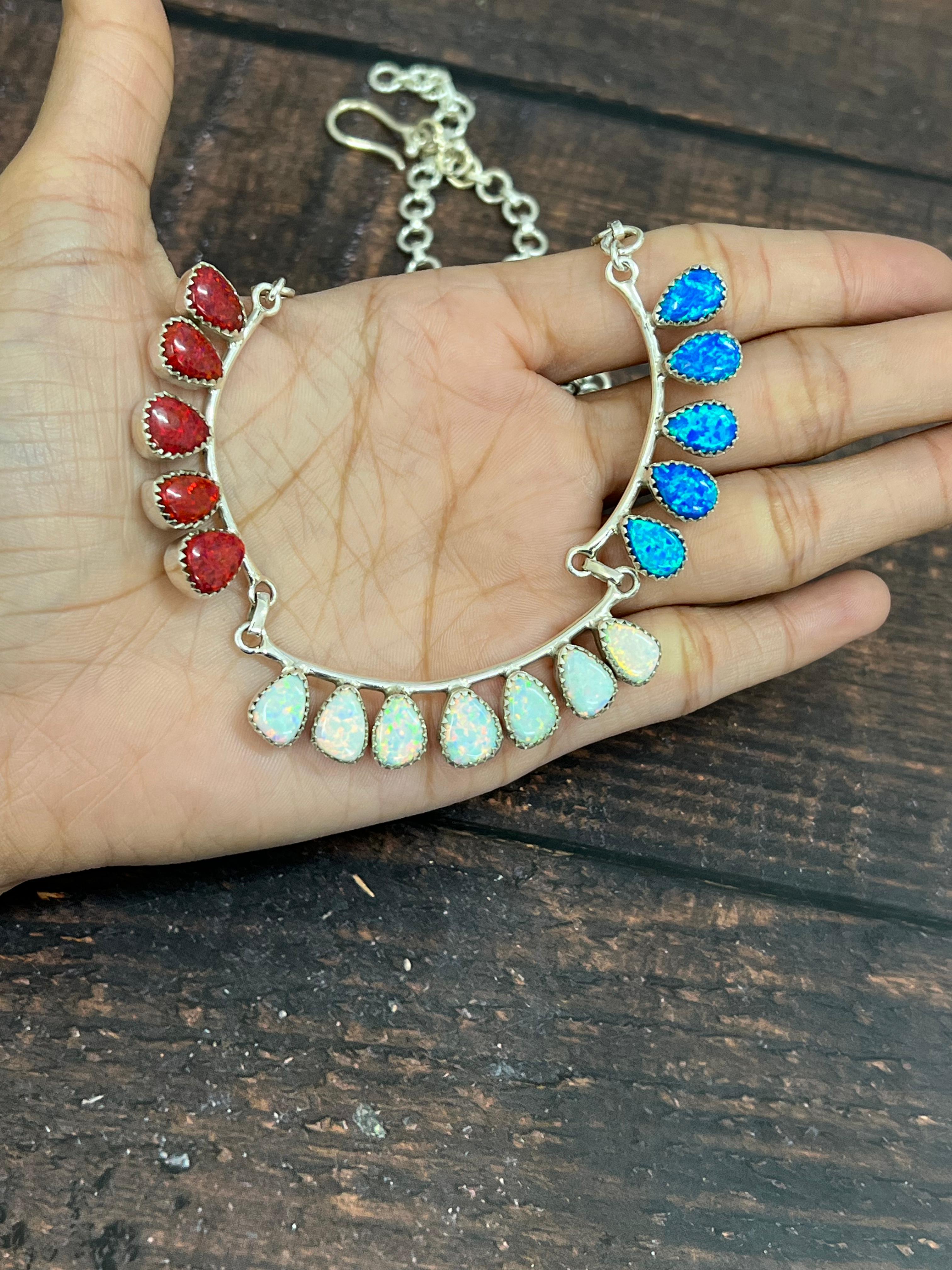 ** 4TH OF JULY ** Handmade Sterling Silver Synthetic Opal Necklace with Signed Nizhoni