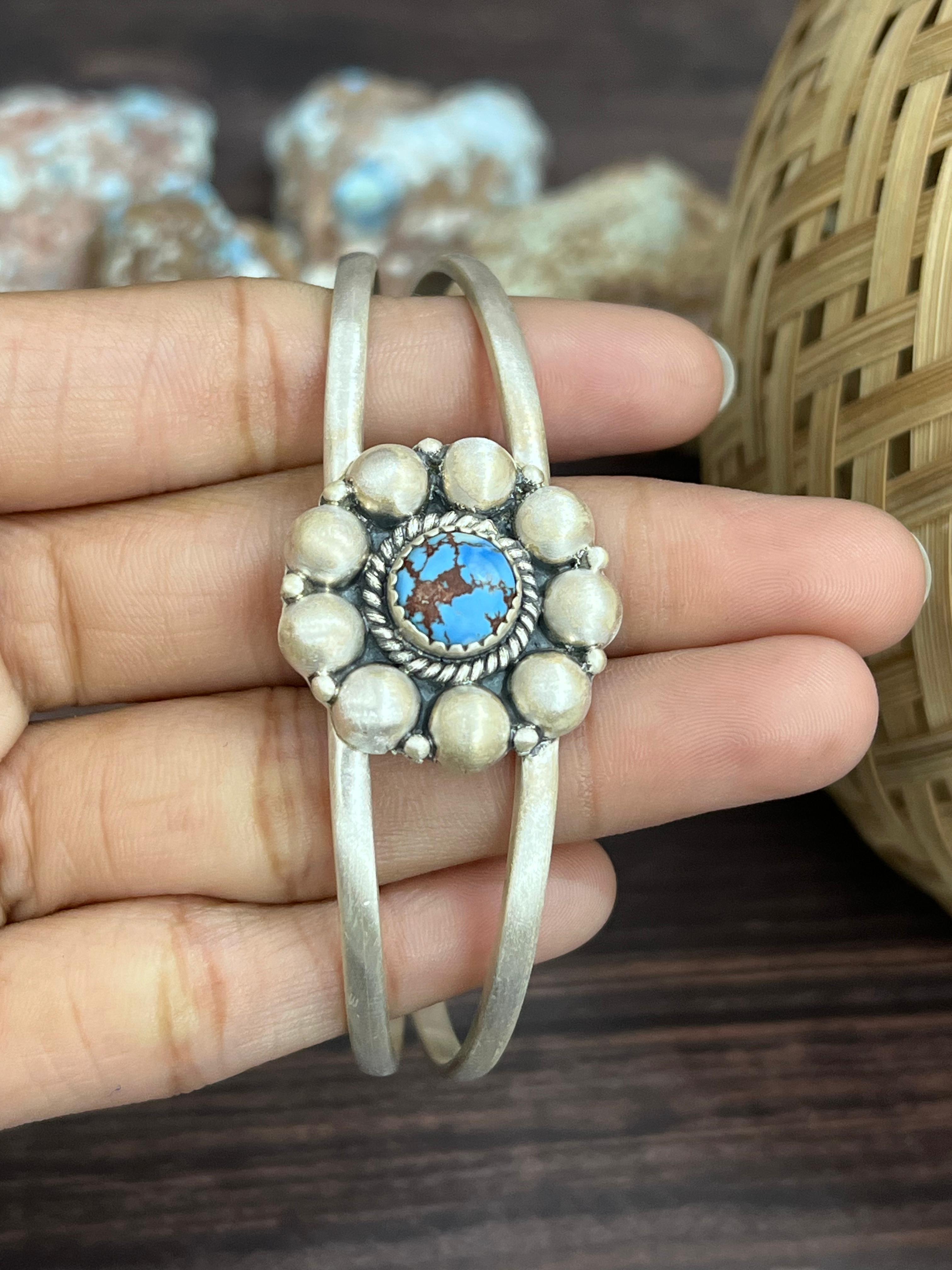 Handmade Sterling Silver Golden Hills Turquoise Cuff Bracelet with Signed Nizhoni