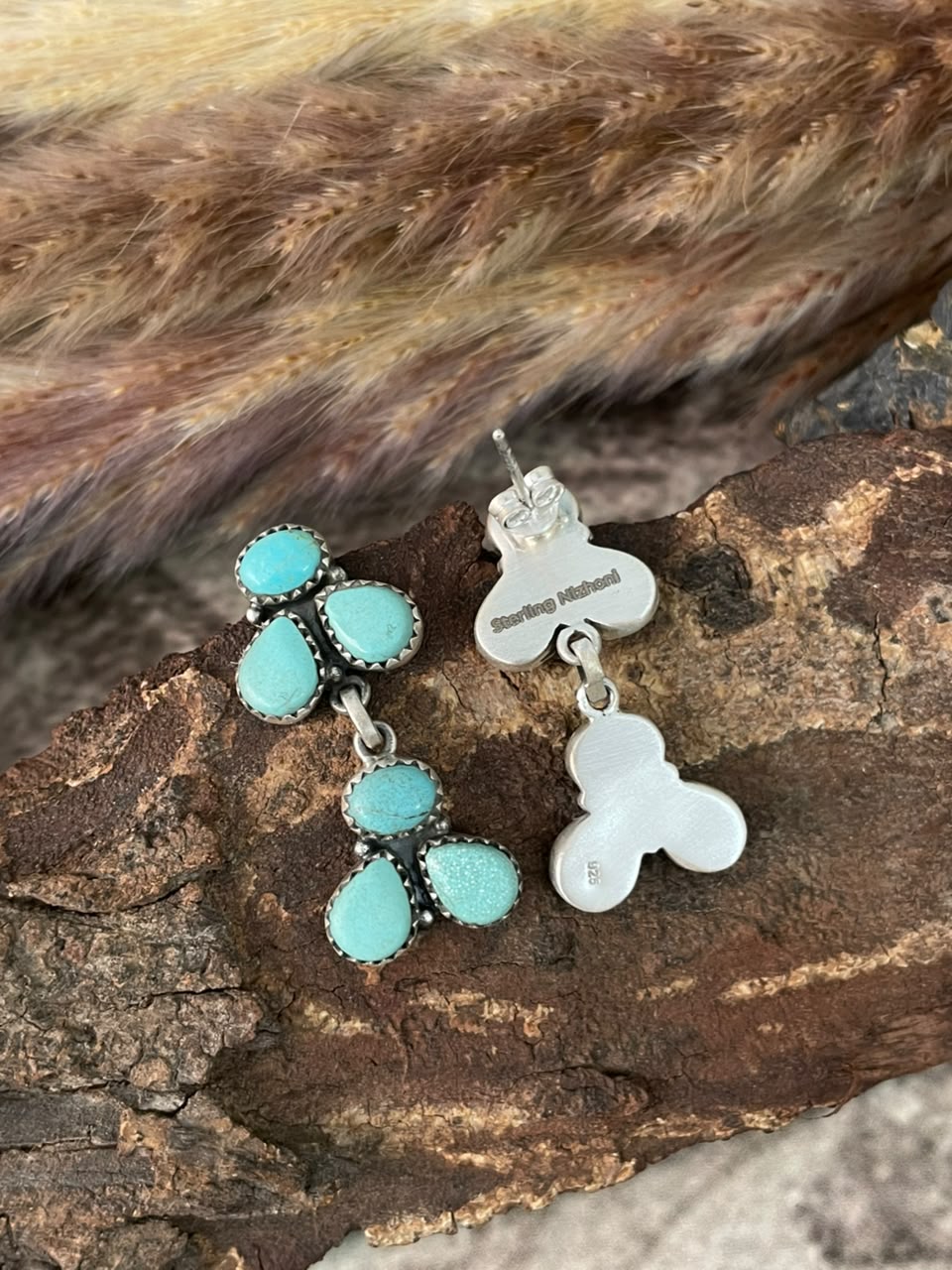Handmade Sterling Silver Number 8 Turquoise Collection: Post Dangle Earrings Signed Nizhoni