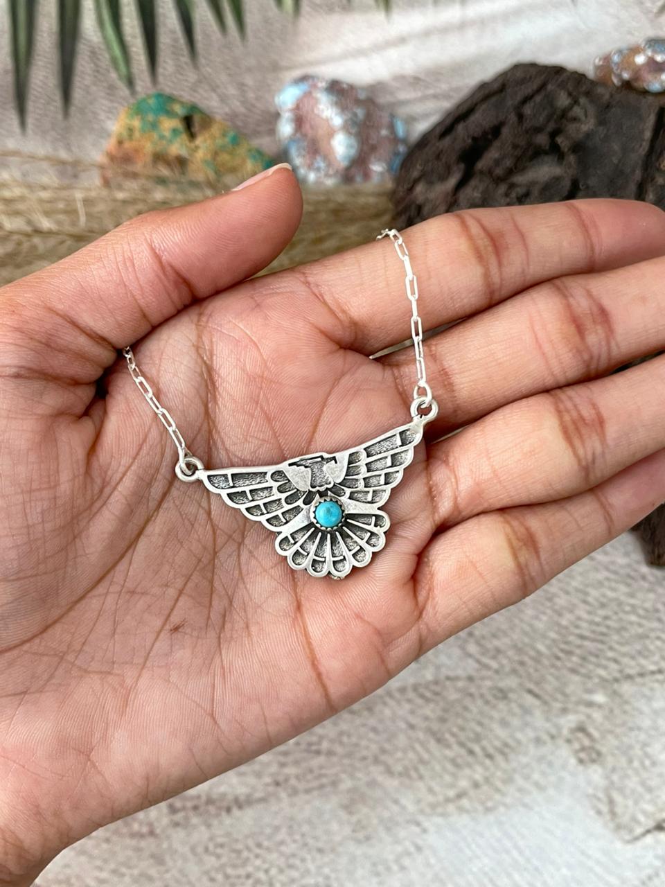 Handmade Sterling Silver Kingman Turquoise Thunder Bird Necklace "Signed Nizhoni"