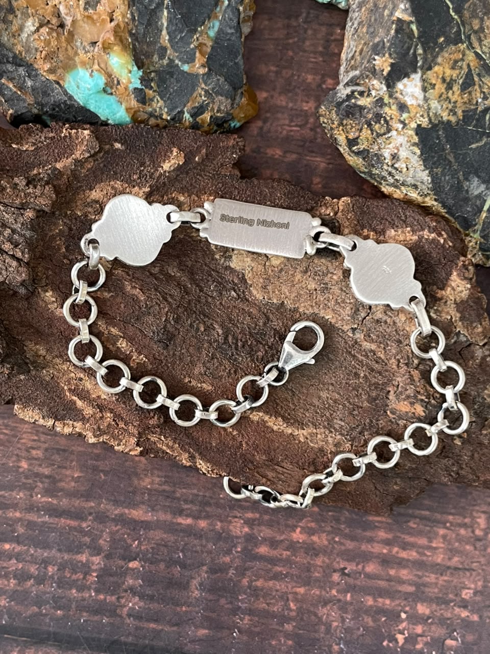 Handmade Sterling Silver Kingman Turquoise NFR Collection: Chain Bracelet Signed Nizhoni