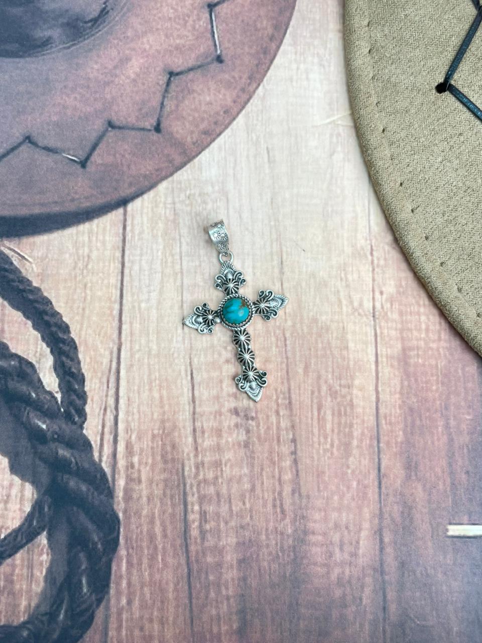 Handmade Sterling Silver Kingman Turquoise Cross Pendant "Signed Nizhoni"