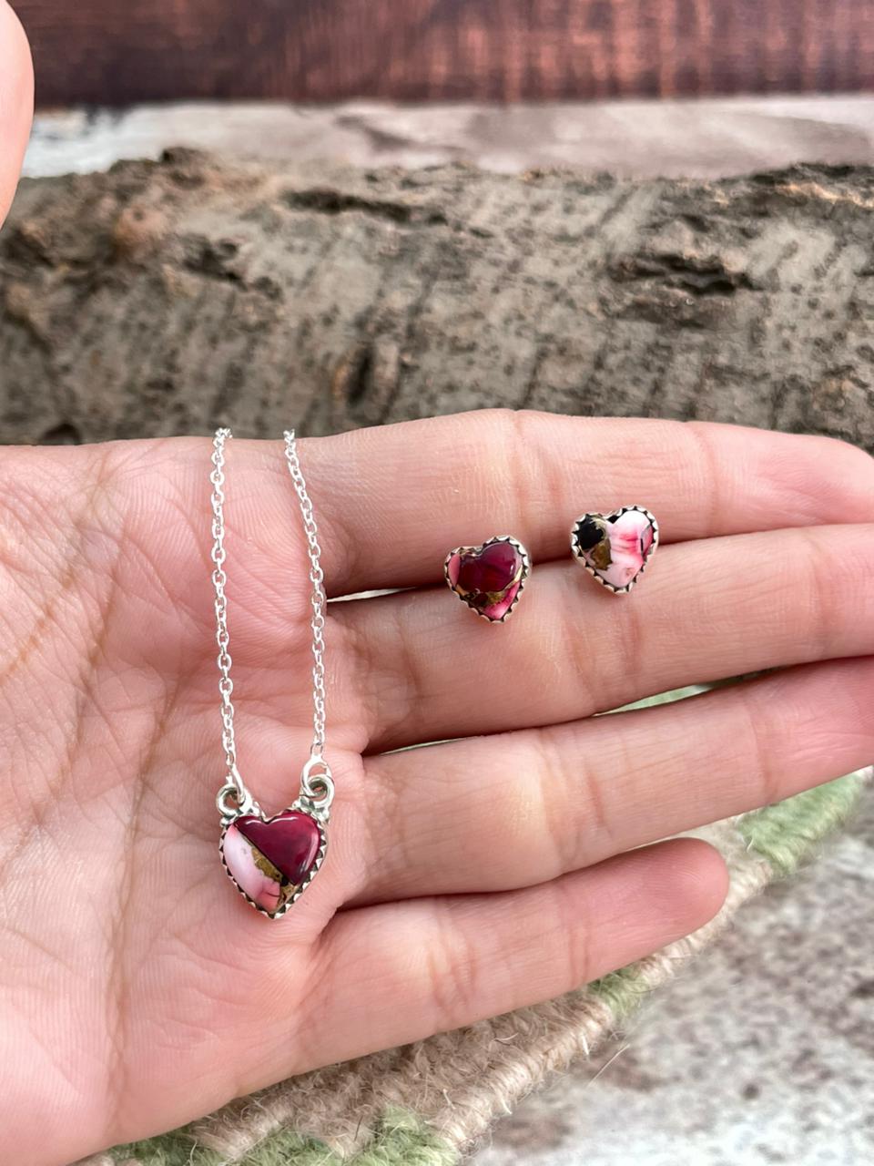 Handmade Sterling Silver Dahlia Rose Heart Necklace Earrings Set "Signed Nizhoni"