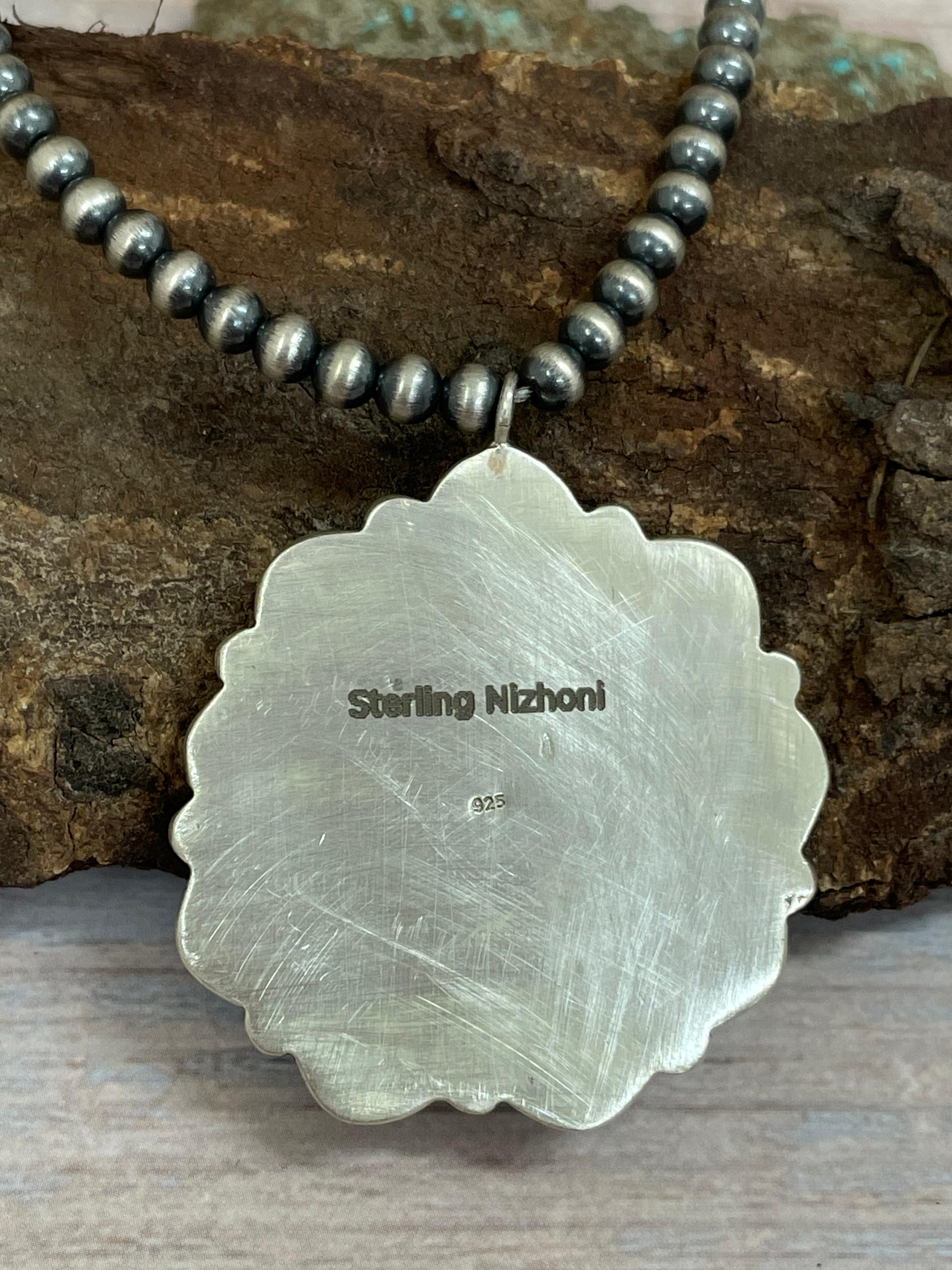 Handmade Sterling Silver Blackjack Turquoise Beaded Necklace with Signed Nizhoni