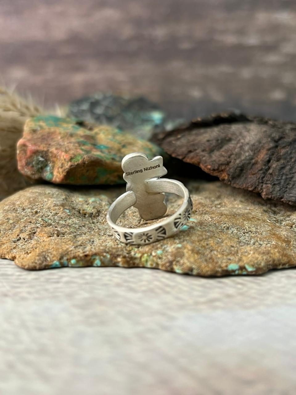 Handmade Sterling Silver Kingman Turquoise Adjustable Ring "Signed Nizhoni"