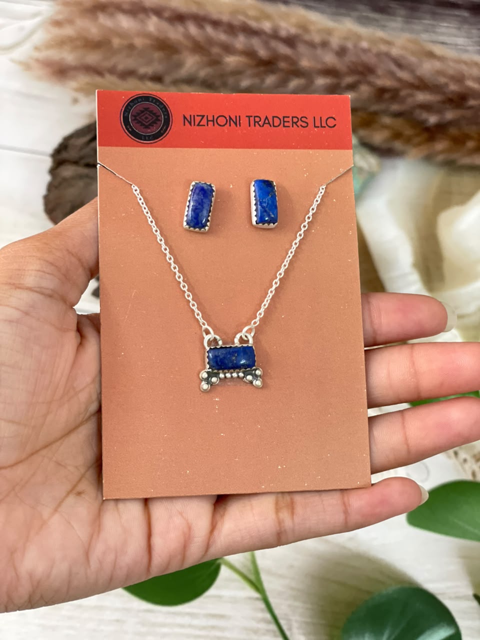 Handmade Sterling Silver Lapis Necklace and Earrings Set Card