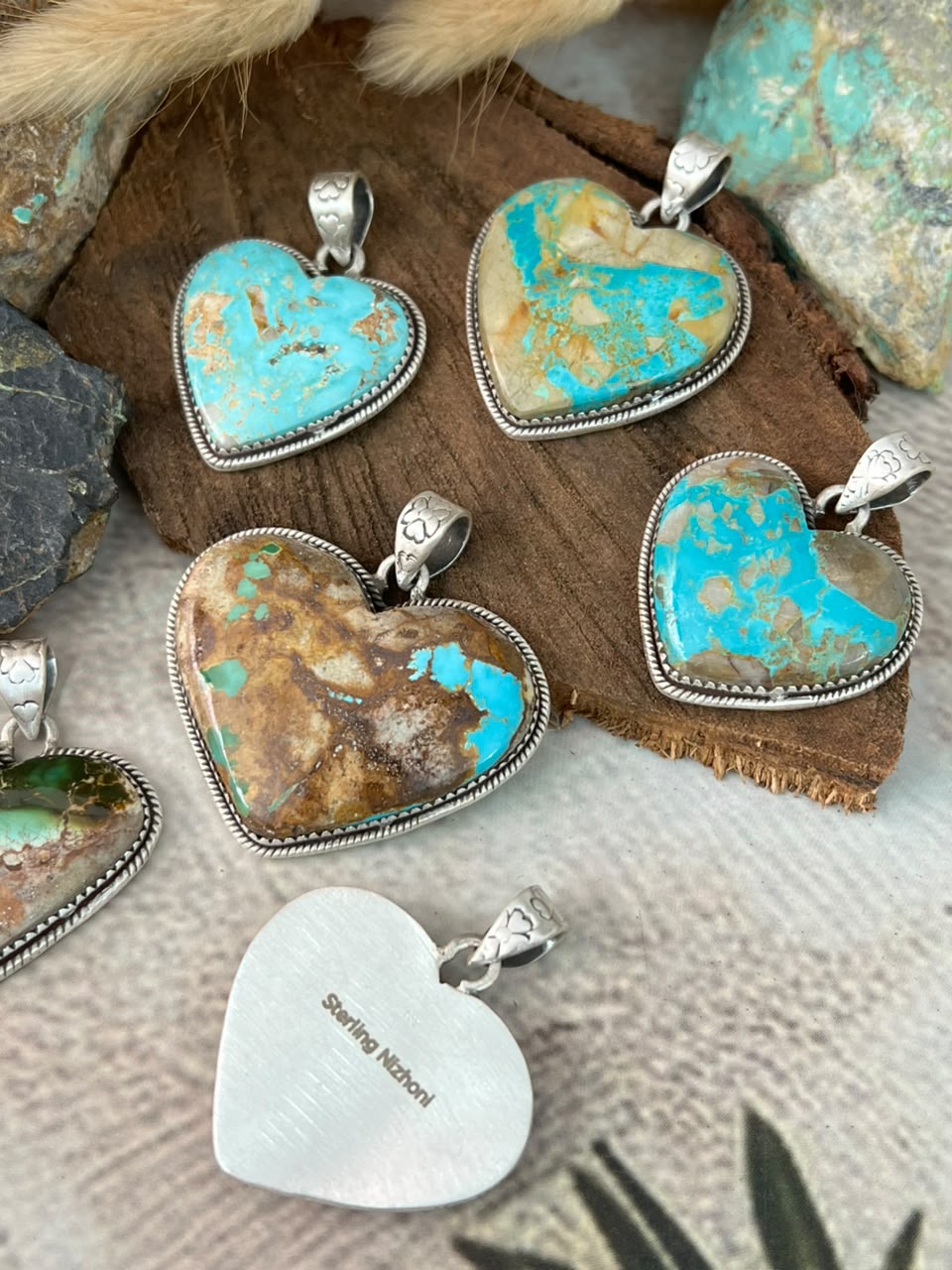 Handmade Sterling Silver Royston Ribbon Turquoise Heart Pendant Signed Nizhoni