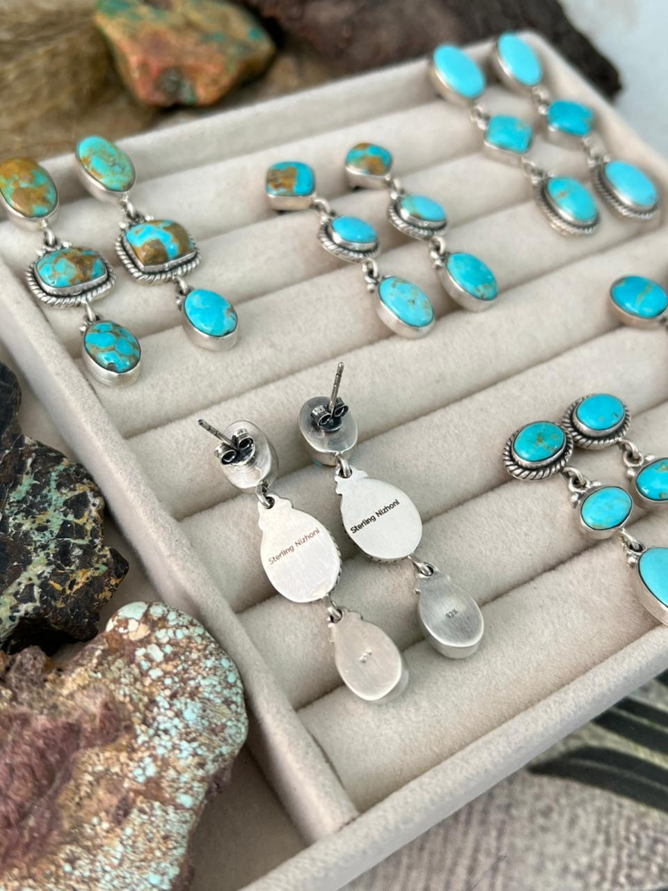 Handmade Sterling Silver Santa Maria Turquoise Post Dangle Earrings "Signed Nizhoni"