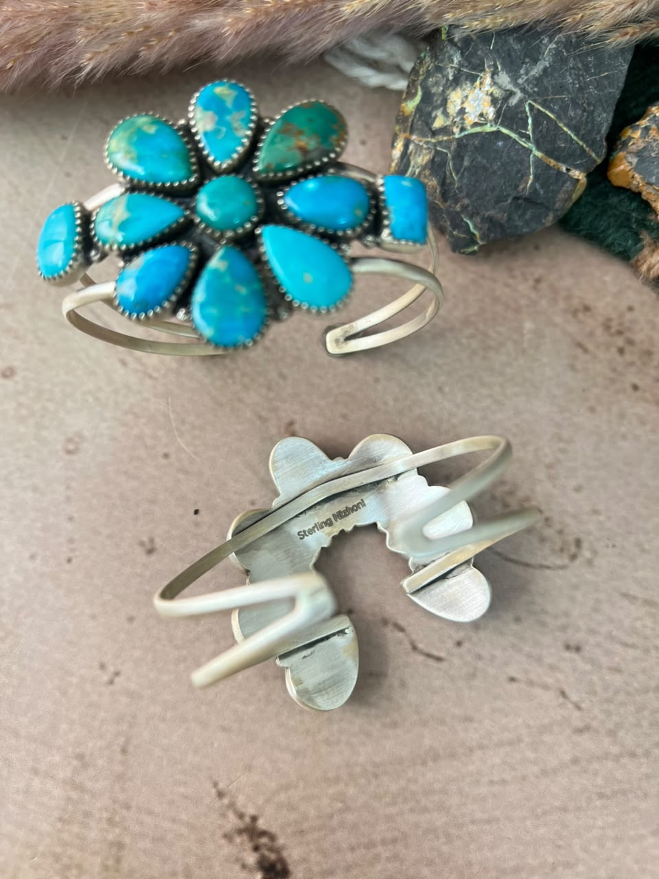 Handmade Sterling Silver Hardy Pit Collection: Cuff Bracelet Signed Nizhoni