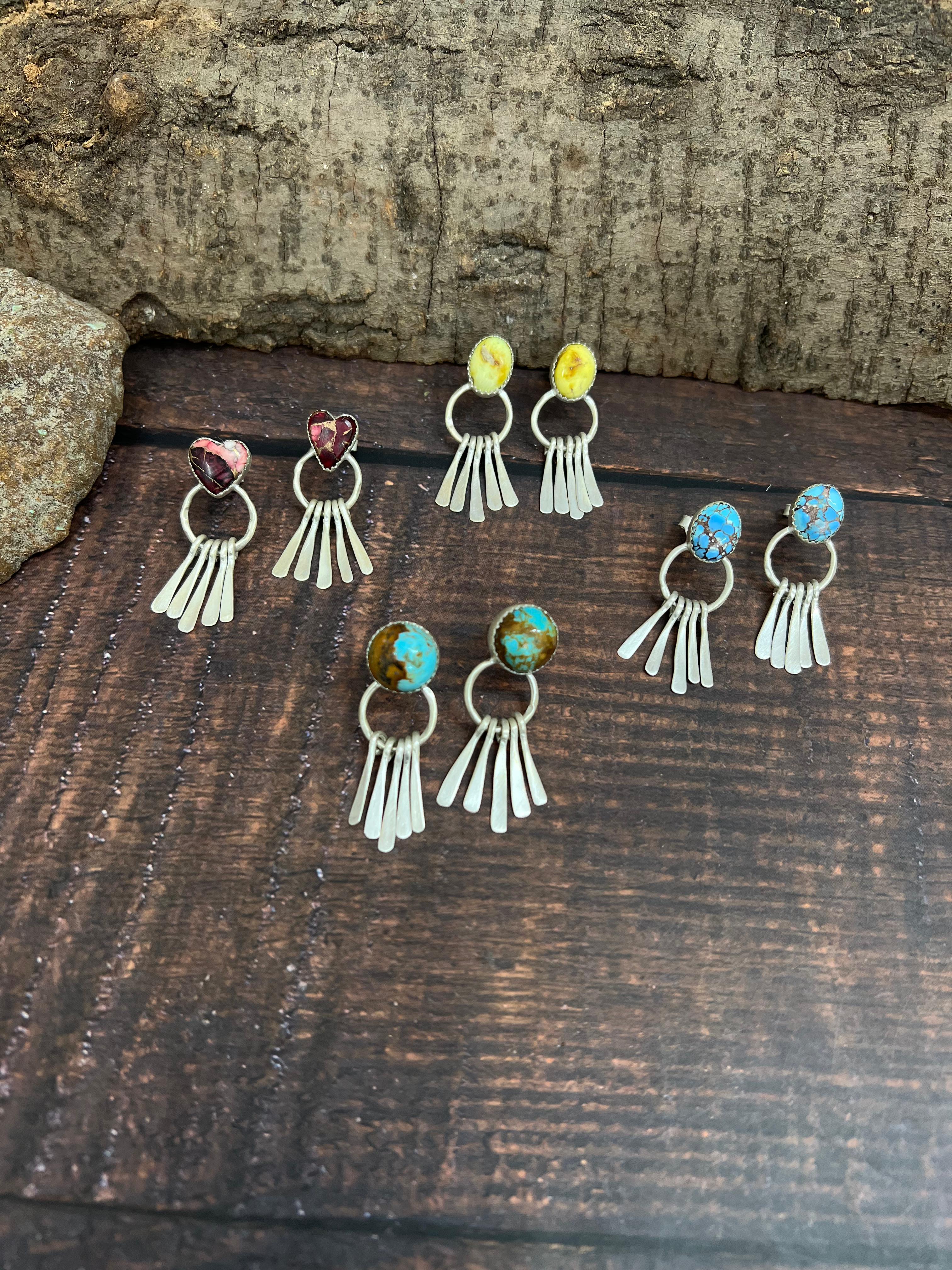 Handmade Sterling Silver Golden Hills, Palomino, Kingman Turquoise, Dahlia Rose Dangle Earrings with Signed Nizhoni