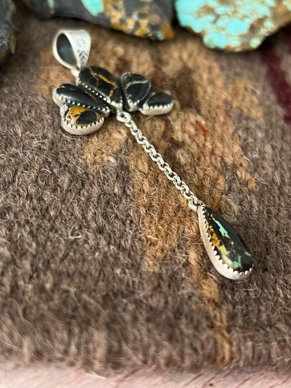 Handmade Sterling Silver Blackjack Turquoise Drop Pendant "Signed Nizhoni"