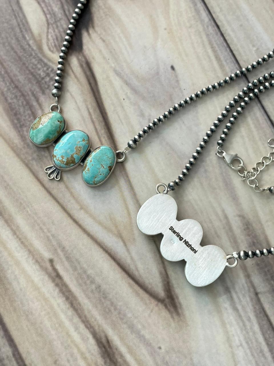 Handmade Sterling Silver Royston Ribbon Turquoise Beaded Necklace Signed Nizhoni