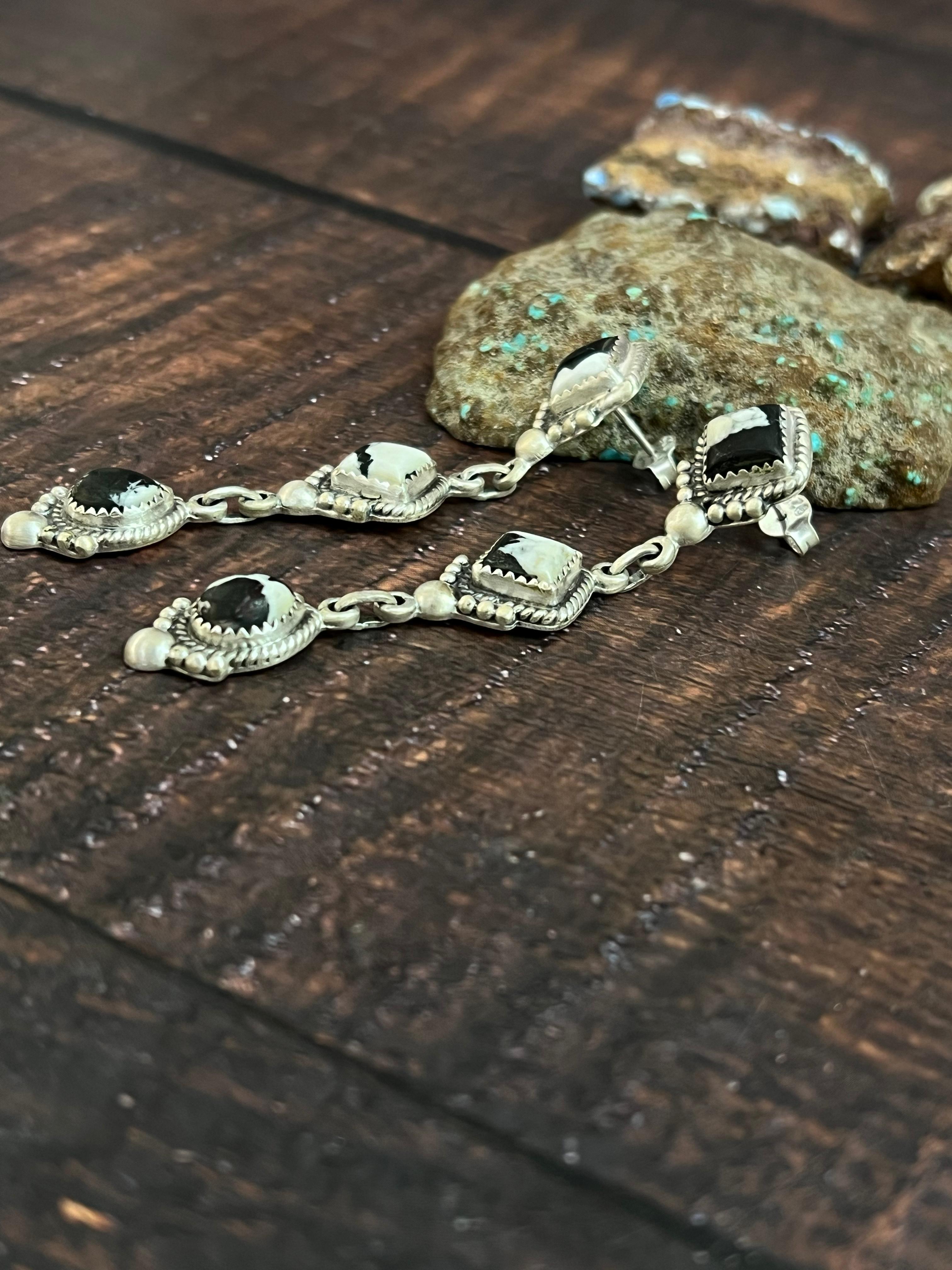 Handmade Sterling Silver White Buffalo Post Dangle Earrings with Signed Nizhoni