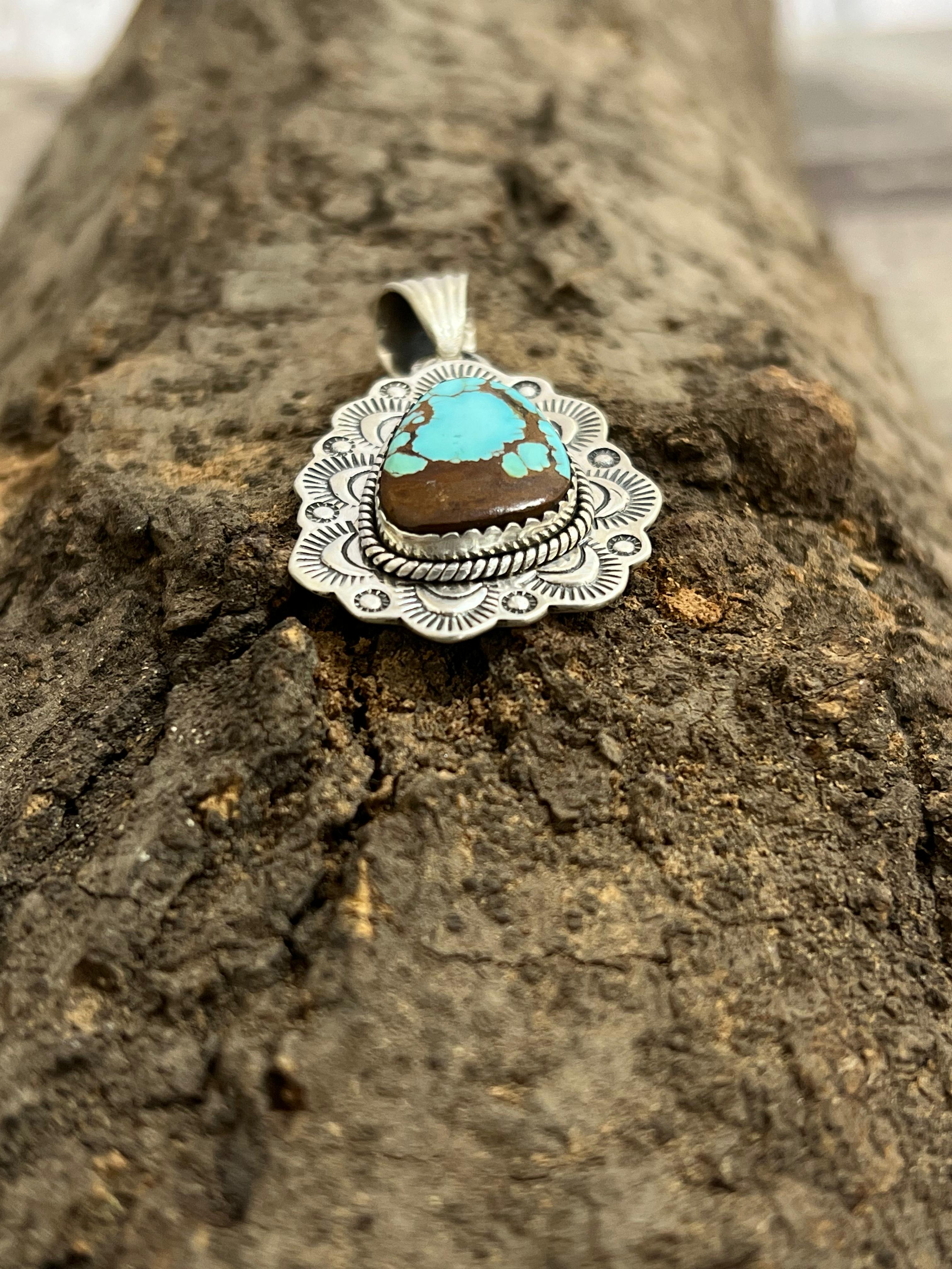 Handmade Sterling Silver Number 8 Turquoise Pendant with Signed Nizhoni