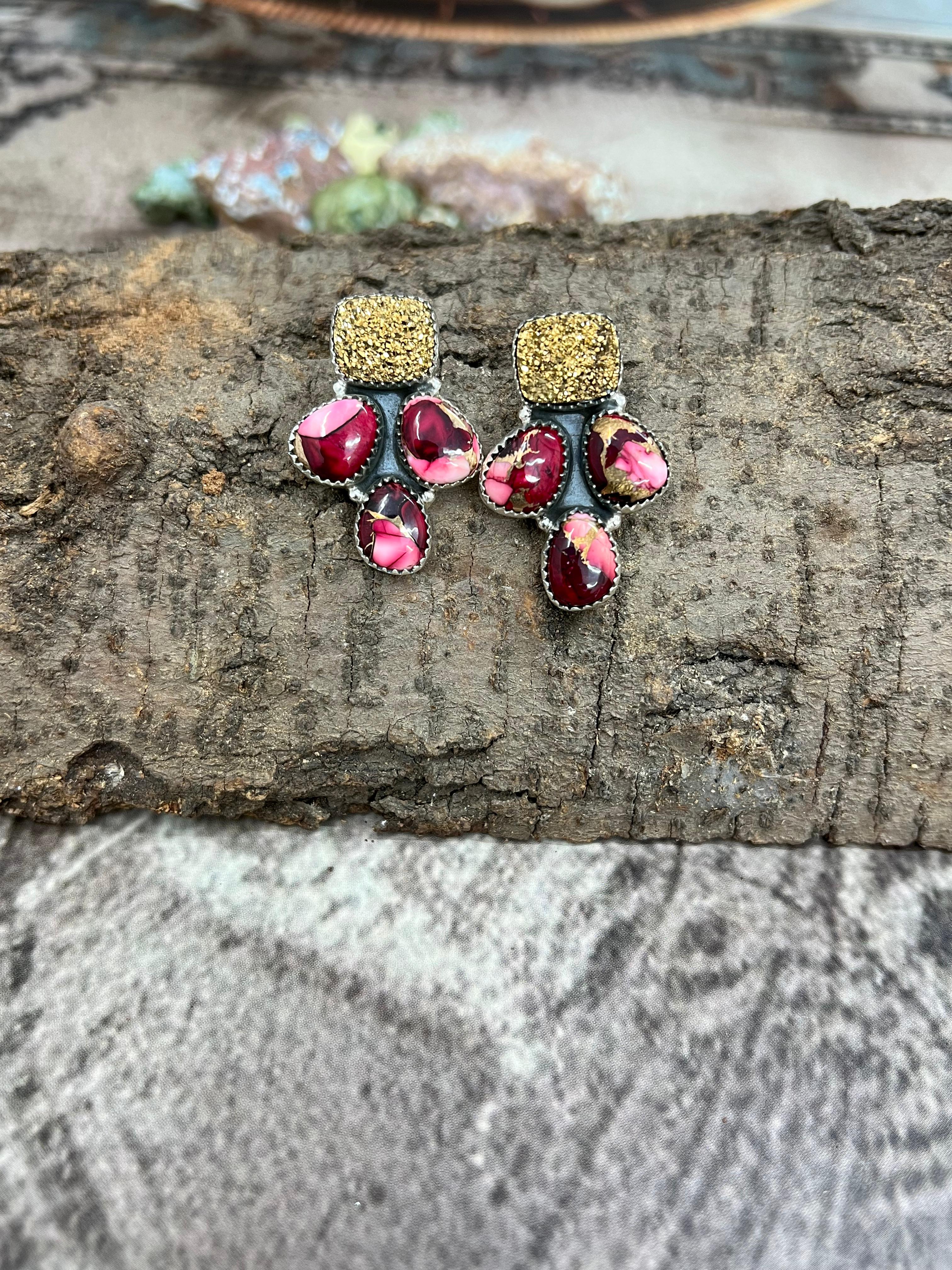 Handmade Sterling Silver Dahlia Rose with Druzy Post Earrings with Signed Nizhoni