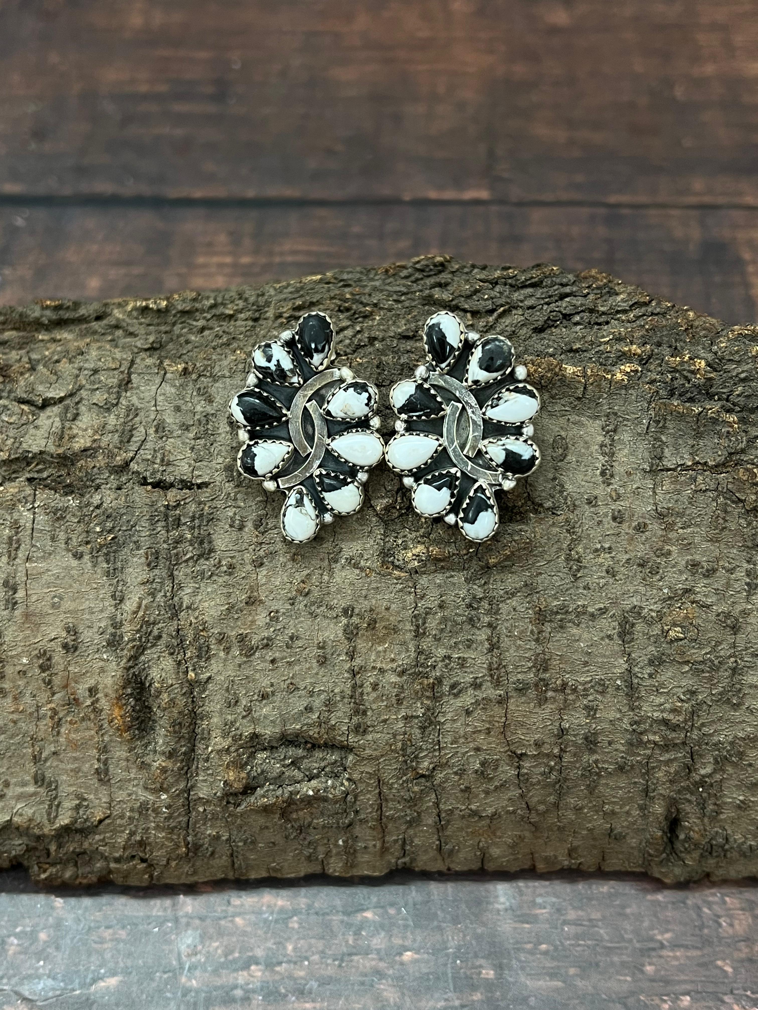 Handmade Sterling Silver White Buffalo Post Studs with Signed Nizhoni