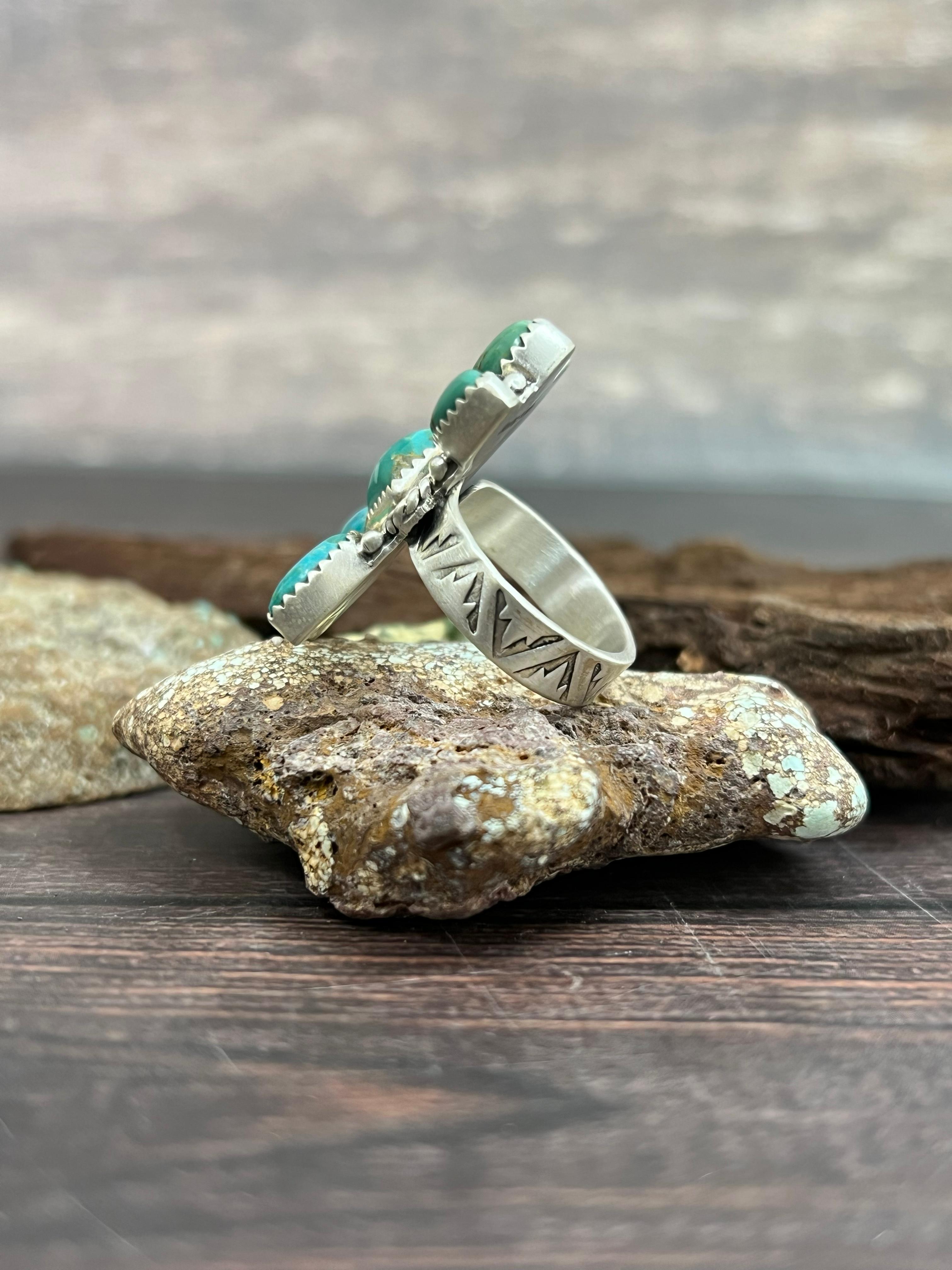 Handmade Sterling Silver Kingman Turquoise Adjustable Ring with Signed Nizhoni