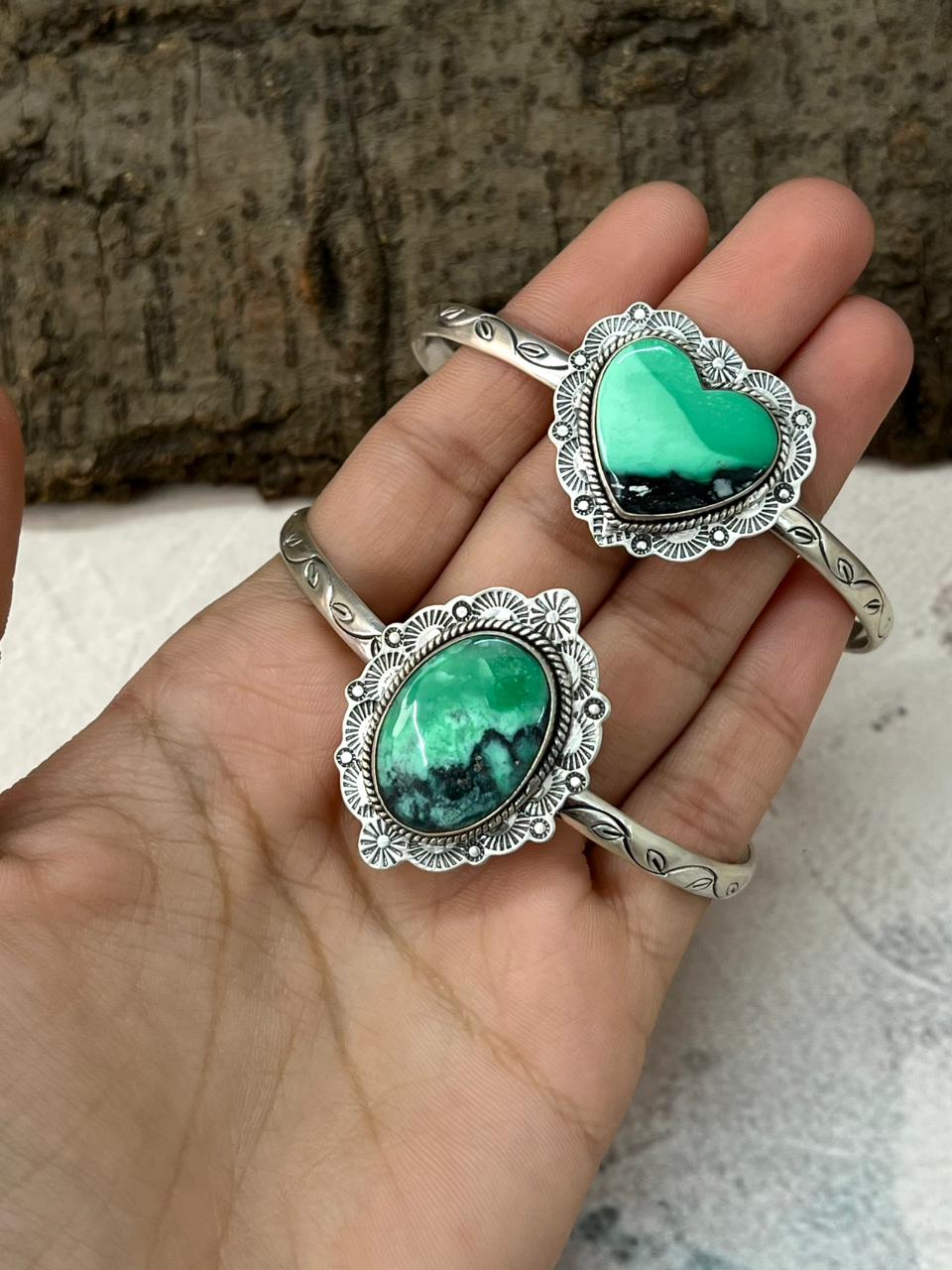 Handmade Sterling Silver Emerald Rose Cuff Bracelet "Signed Nizhoni"