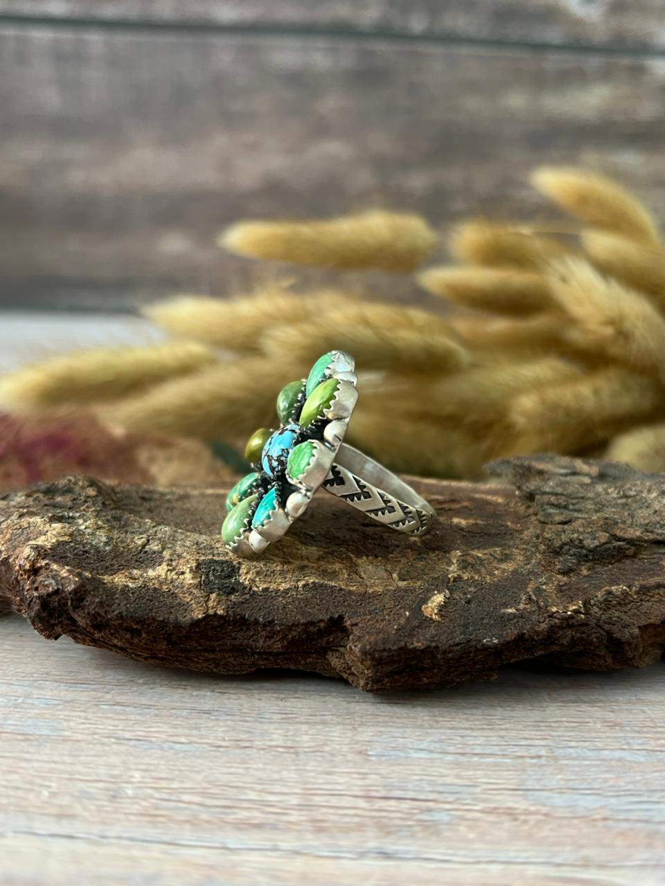 Handmade Sterling Silver Emerald Valley with Golden Hills Turquoise Adjustable Ring "Signed Nizhoni"