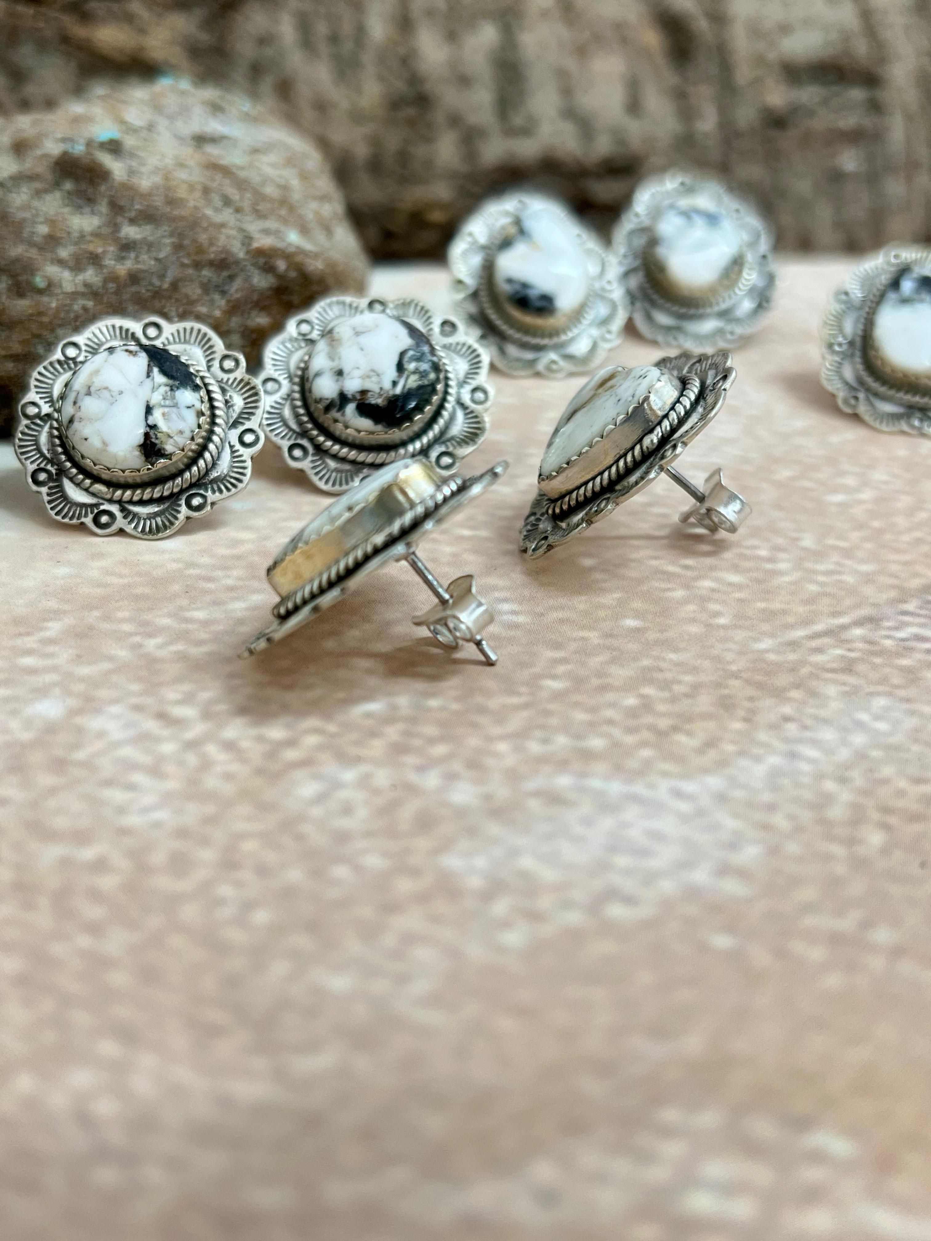 Handmade Sterling Silver White Buffalo Turquoise Post Earrings with Signed Nizhoni (9)