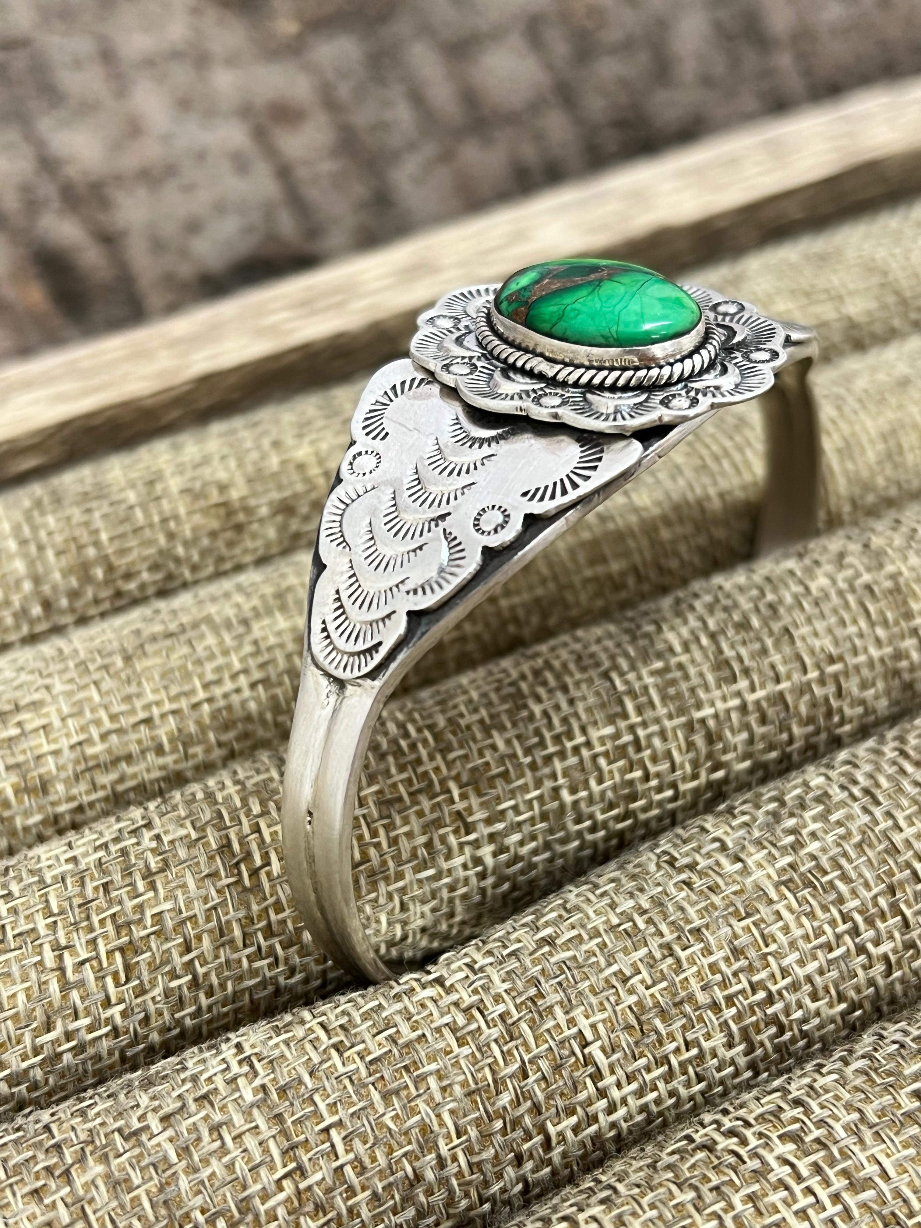 Handmade Sterling Silver Kelly Green Dahlia Cuff Bracelet with Signed Nizhoni