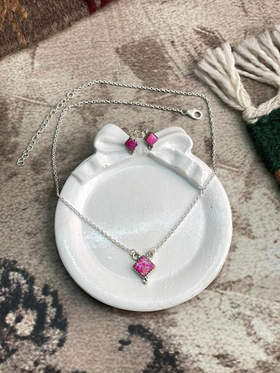 Handmade Sterling Silver Hot Pink Necklace Earrings Set "Signed Nizhoni"