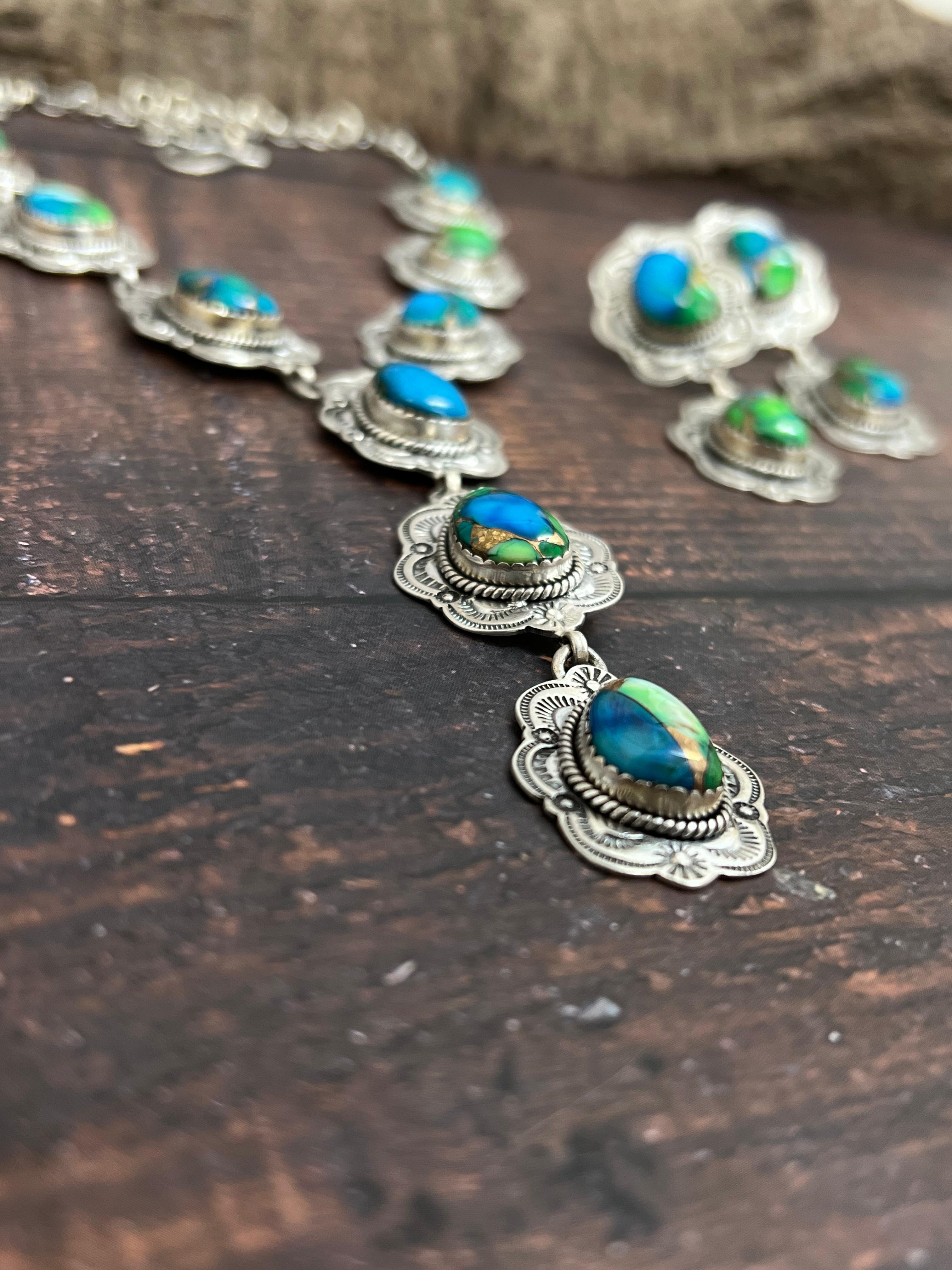 Handmade Sterling Silver Peacock Dahlia Necklace Earrings Set with Signed Nizhoni