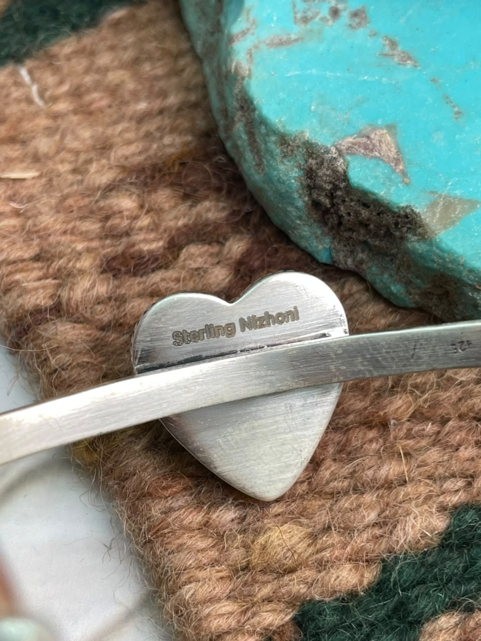 Handmade Sterling Silver Campitos Turquoise Collection: Heart Cuff Bracelet Signed Nizhoni