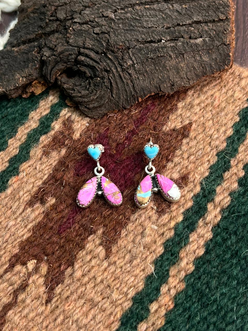 "Heart Collection" Handmade Sterling Silver Cotton Candy Post Dangle Earrings "Signed Nizhoni"