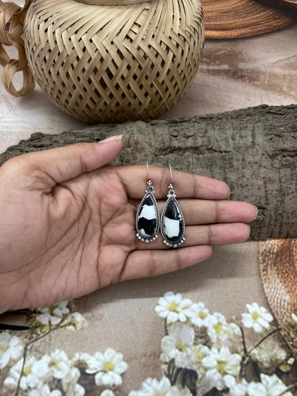 Handmade Sterling Silver White Buffalo Hook Dangle Earrings with Signed Nizhoni