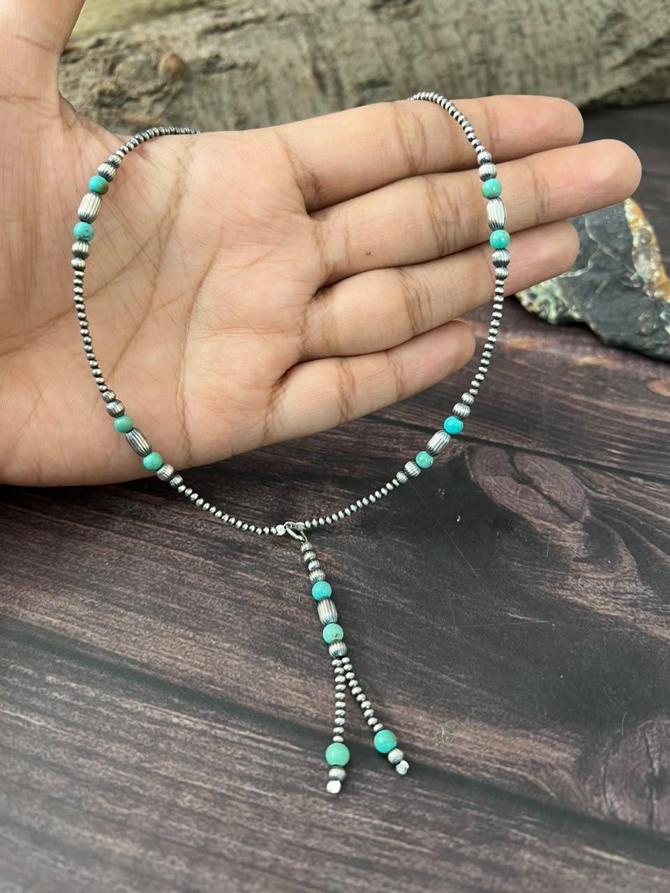 Handmade Sterling Silver Kingman Turquoise Beaded Necklace Signed Nizhoni