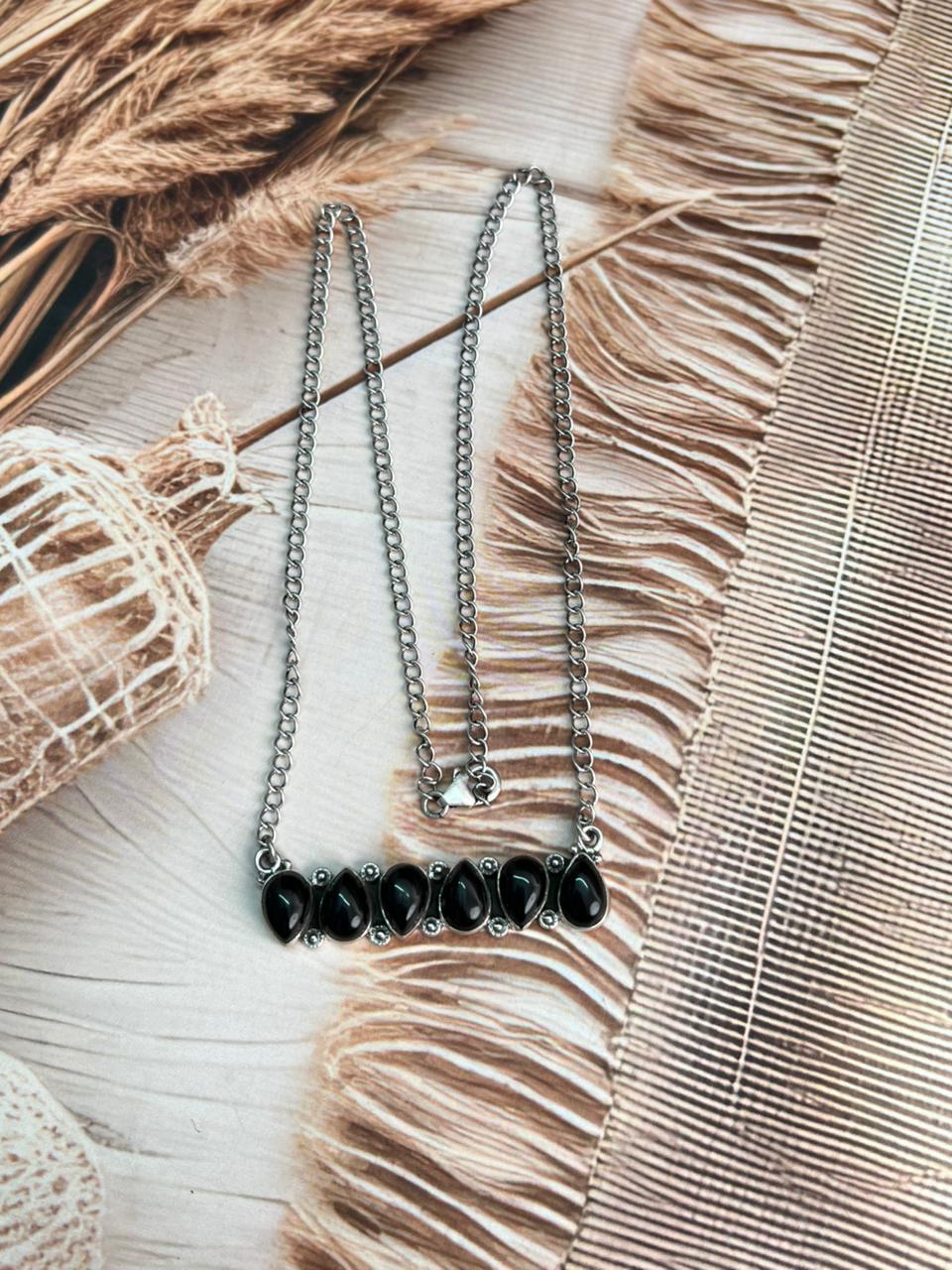 Handmade Sterling Silver Black Onyx Bar Necklace "Signed Nizhoni"
