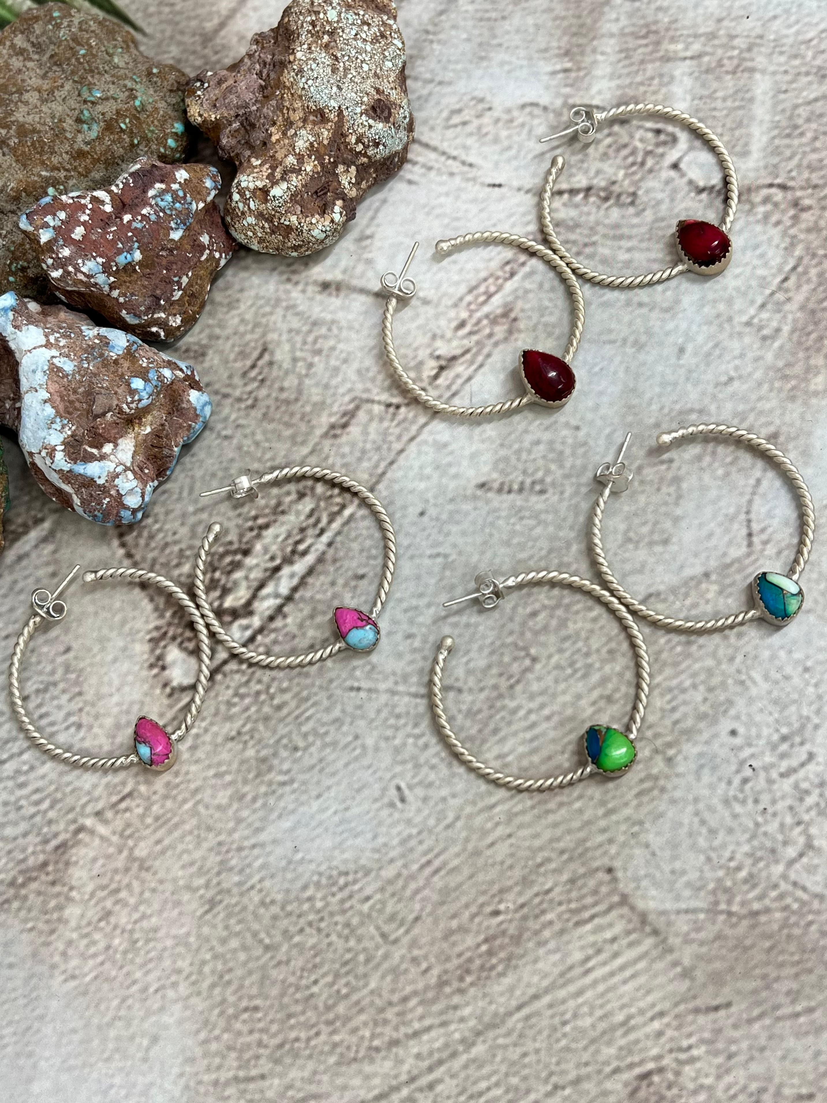 Handmade Sterling Silver Peacock Dahlia, Cotton Candy, Dahlia Rose Hoop Earrings, Signed Nizhoni