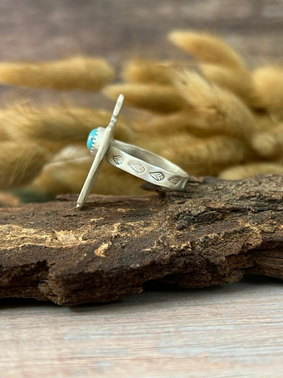 Handmade Sterling Silver Kingman Turquoise Thunder Bird Adjustable Ring "Signed Nizhoni"