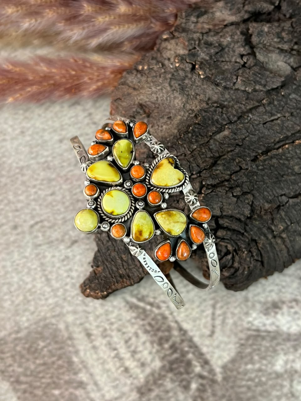 Handmade Sterling Silver Palomino Turquoise with Orange Mojave Cuff Bracelet Signed Nizhoni